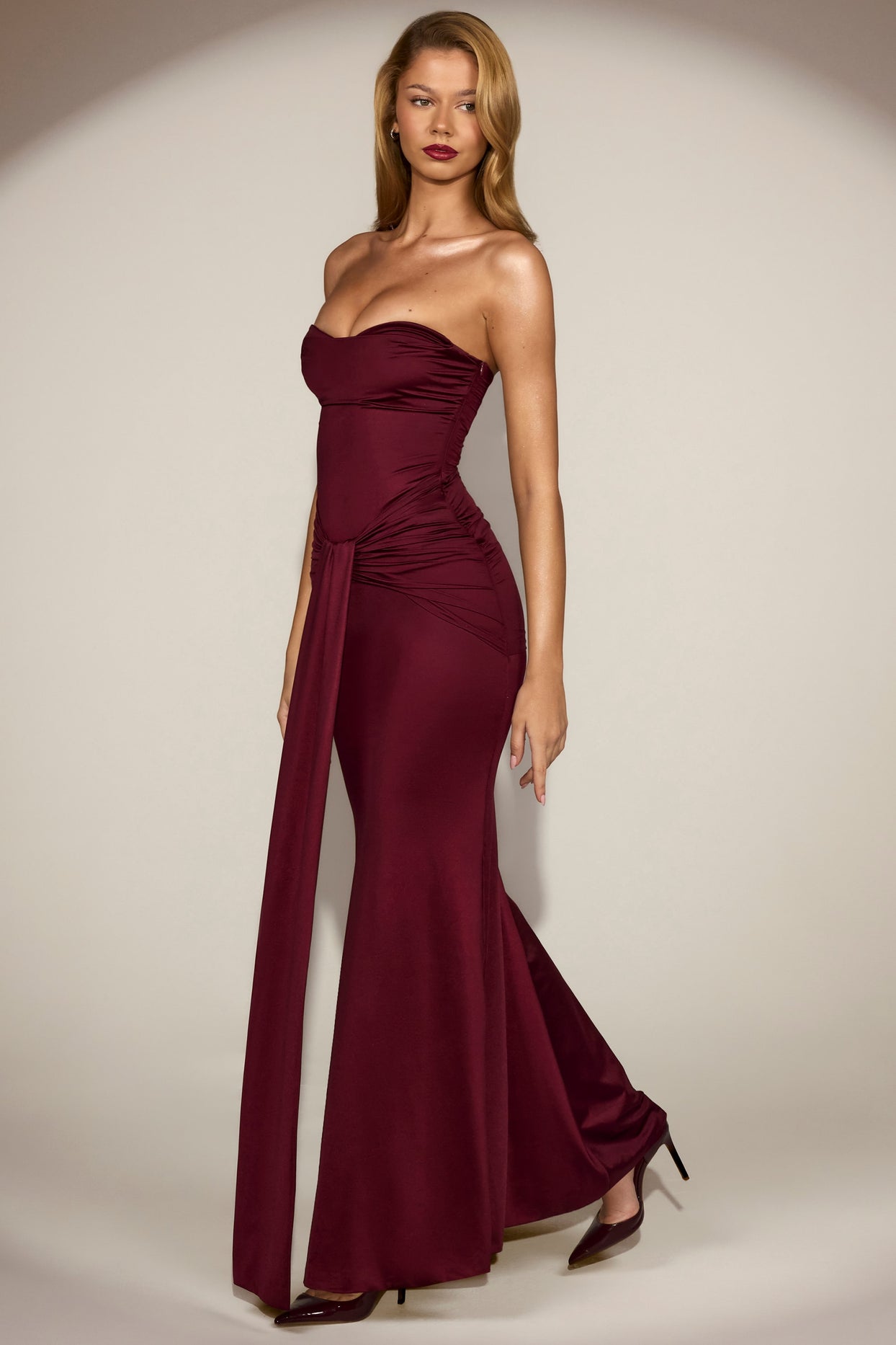 Satin Peekaboo Bandeau Draped Gown in Wine Red - 10