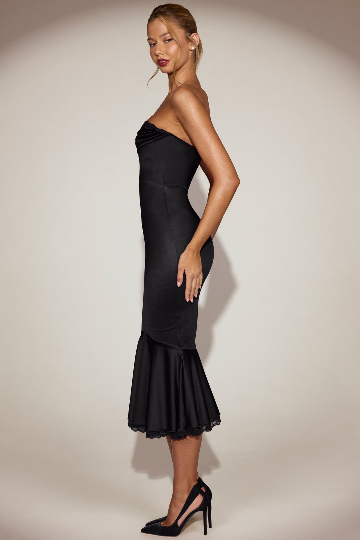 Satin Lace-Trim Bandeau Fluted Midaxi Dress in Black - 3