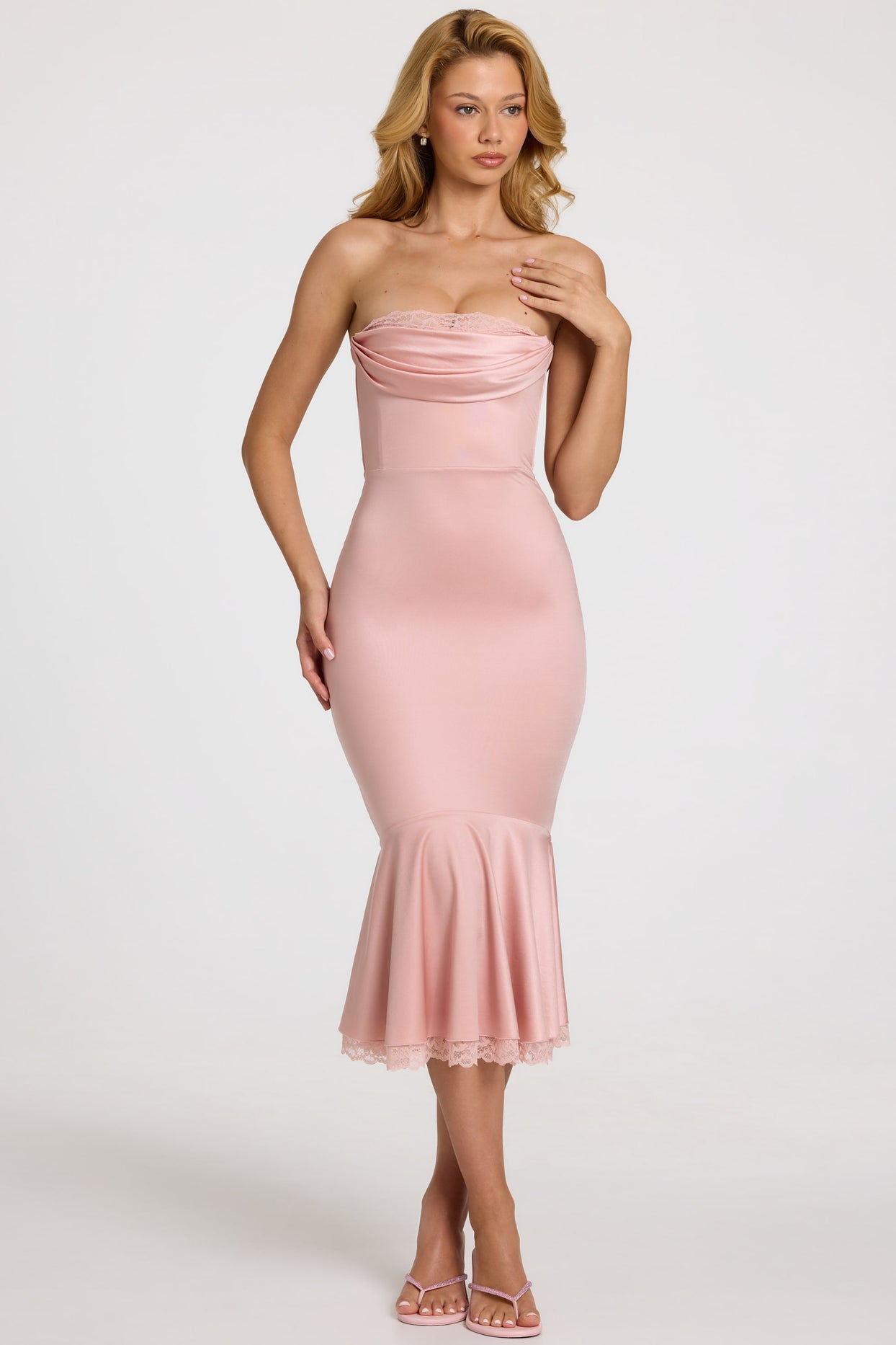 Satin Lace-Trim Bandeau Fluted Midaxi Dress in Blush Pink - 7