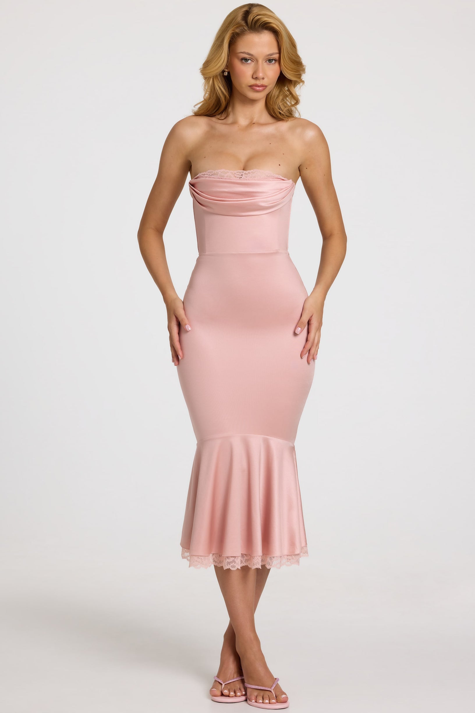 Satin Lace-Trim Bandeau Fluted Midaxi Dress in Blush Pink - 1