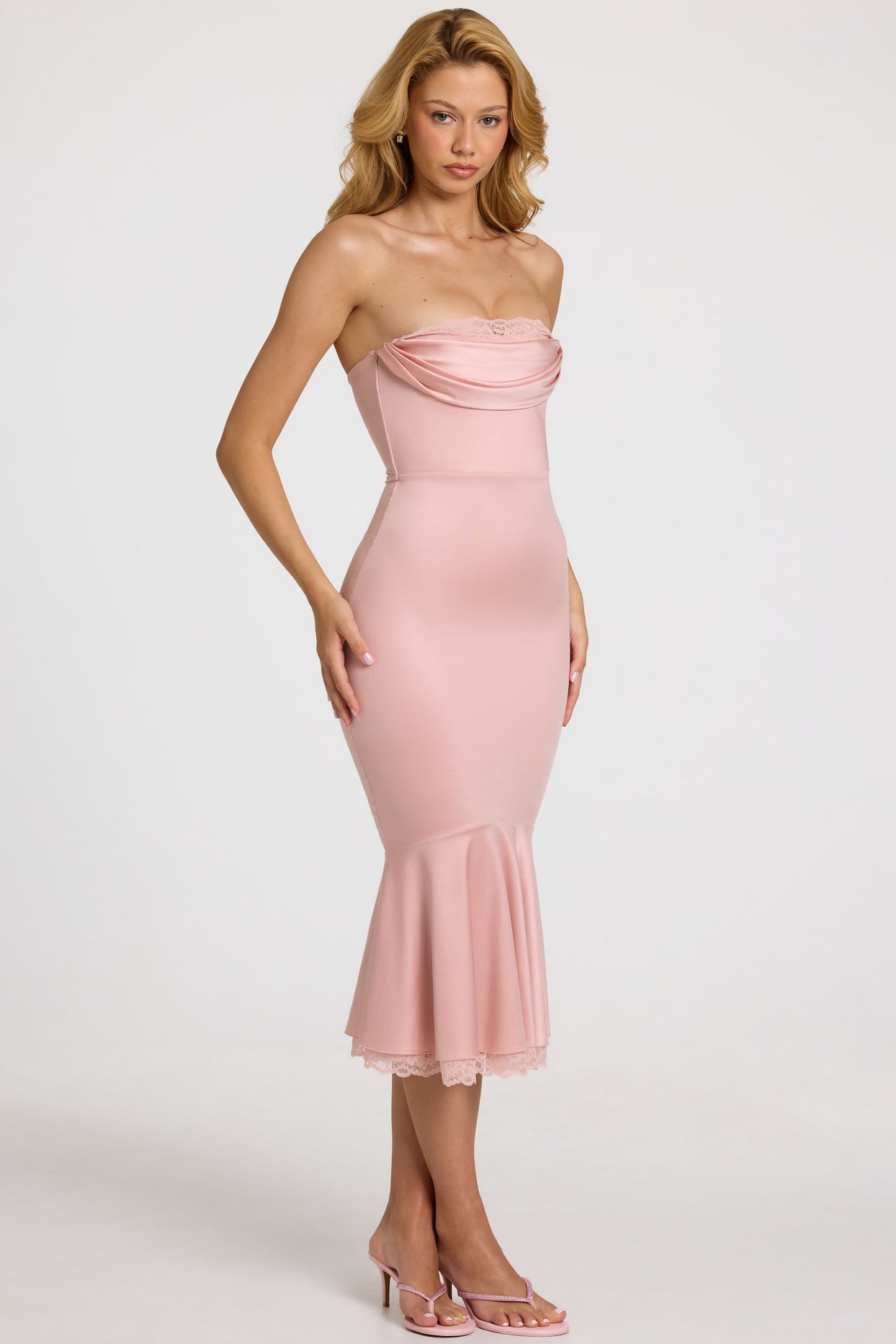 Satin Lace-Trim Bandeau Fluted Midaxi Dress in Blush Pink - 6