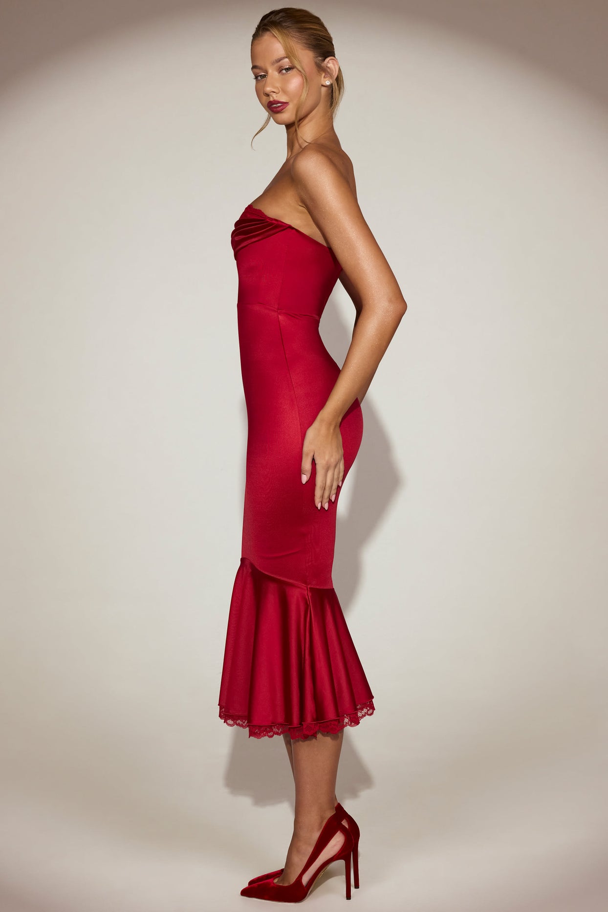 Satin Lace-Trim Bandeau Fluted Midaxi Dress in True Red - 3