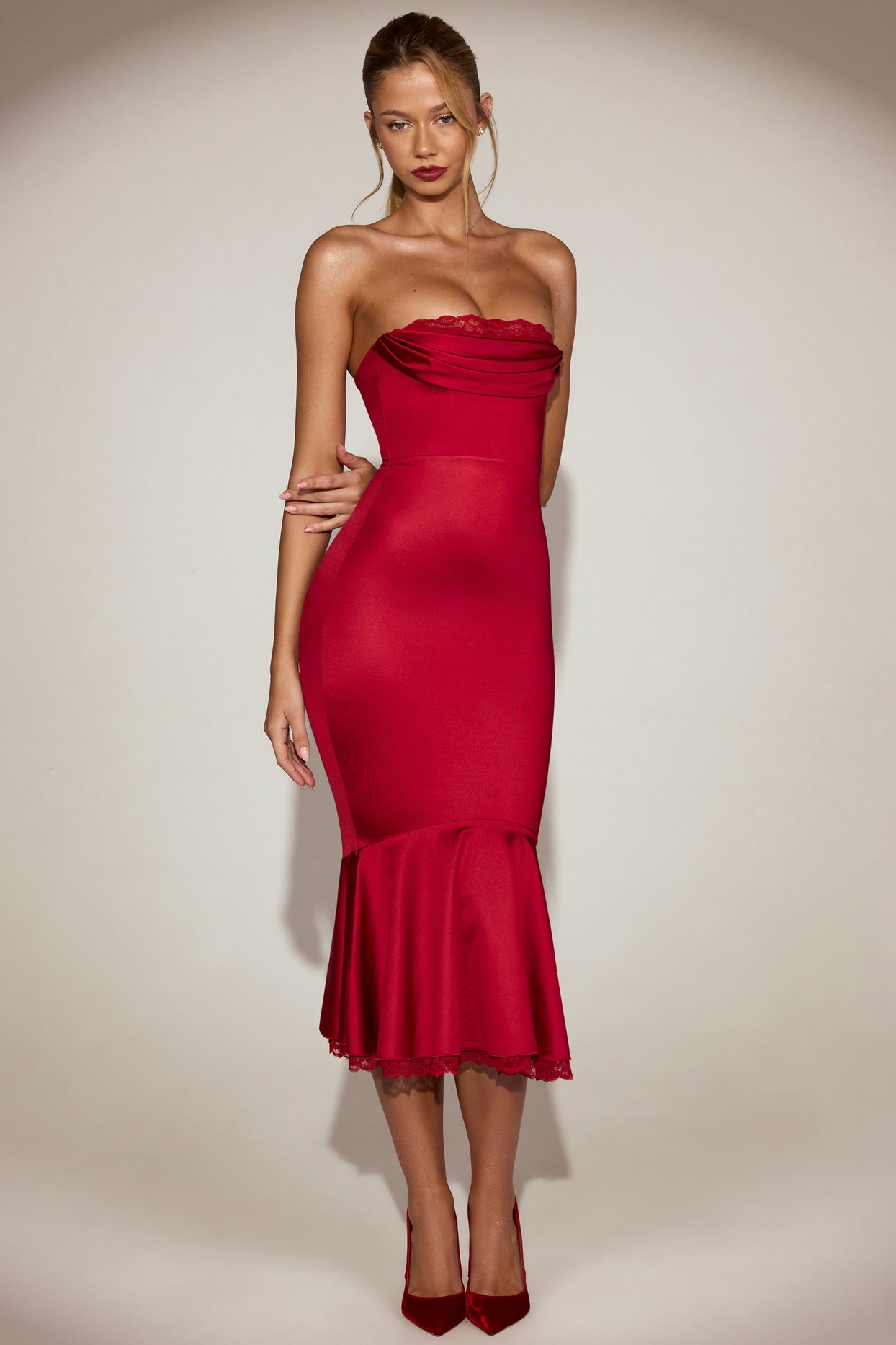Satin Lace-Trim Bandeau Fluted Midaxi Dress in True Red - 8