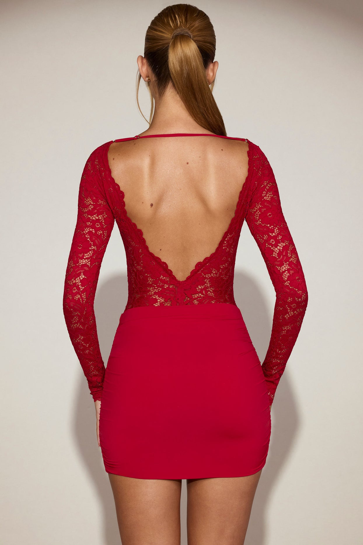 Sheer Lace Boat-Neck Mini Dress in True Red - 5