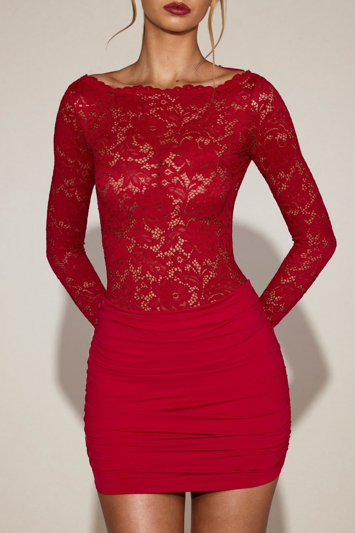 Sheer Lace Boat-Neck Mini Dress in True Red - 4