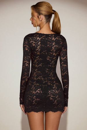 Lace Long-Sleeve Mini Dress in Black