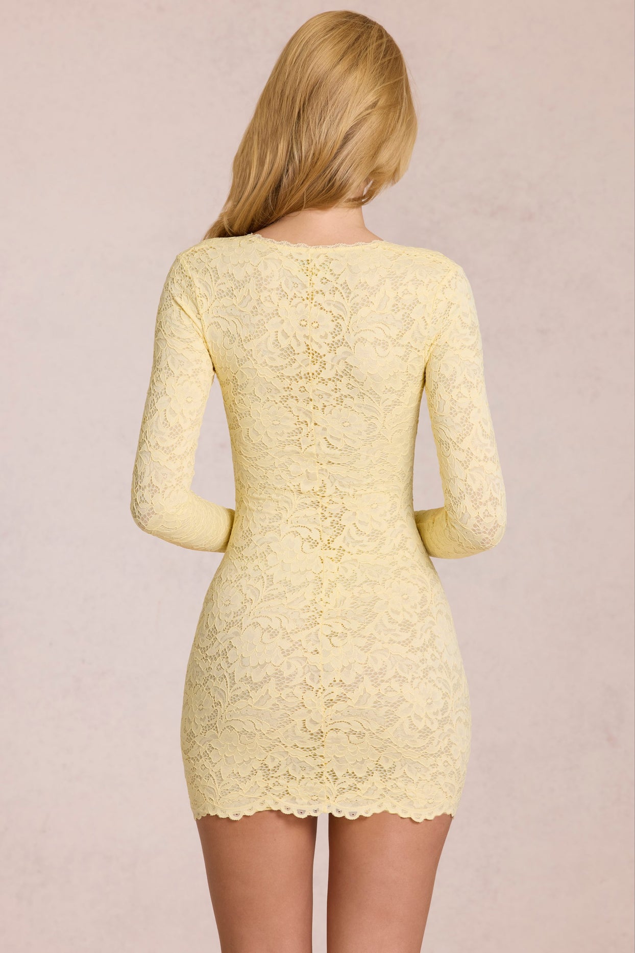 Scalloped-Lace Long-Sleeve Mini Dress in Lemon Yellow - 6