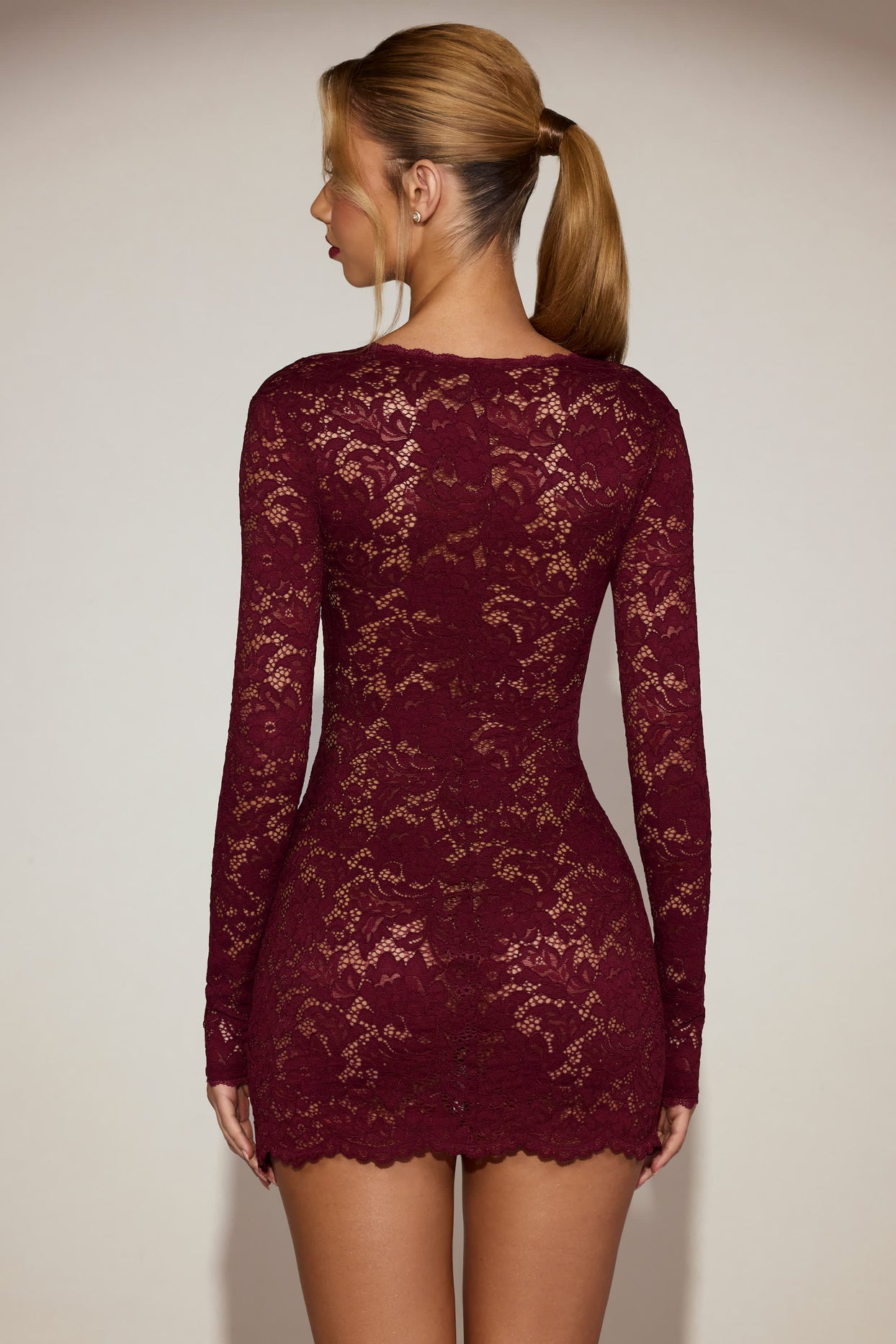 Sheer Scalloped-Lace Long-Sleeve Mini Dress in Wine Red - 3