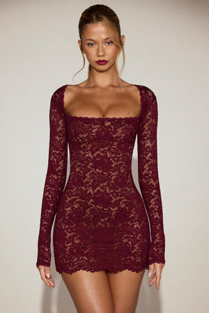 Lace Long-Sleeve Mini Dress in Wine Red