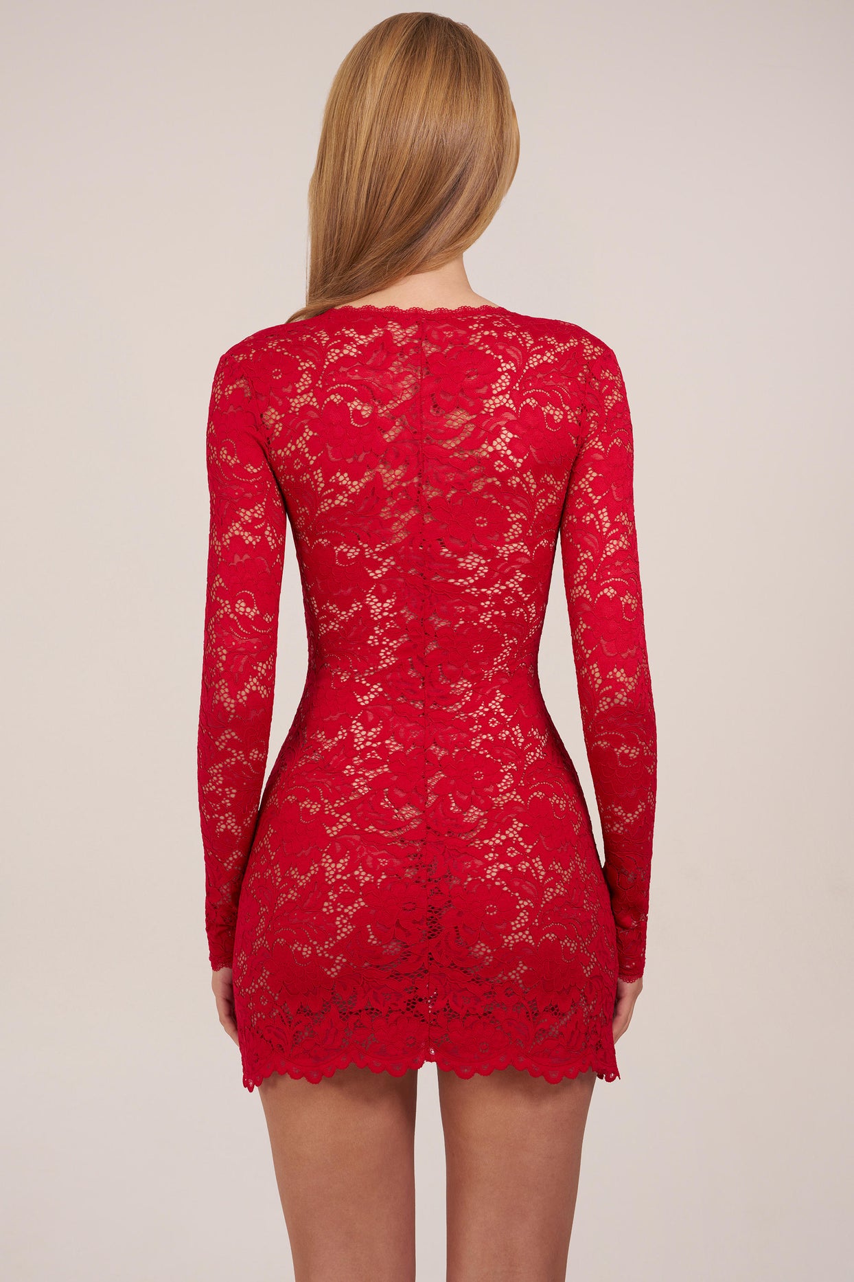 Sheer Scalloped-Lace Long-Sleeve Mini Dress in Rose Red - 3