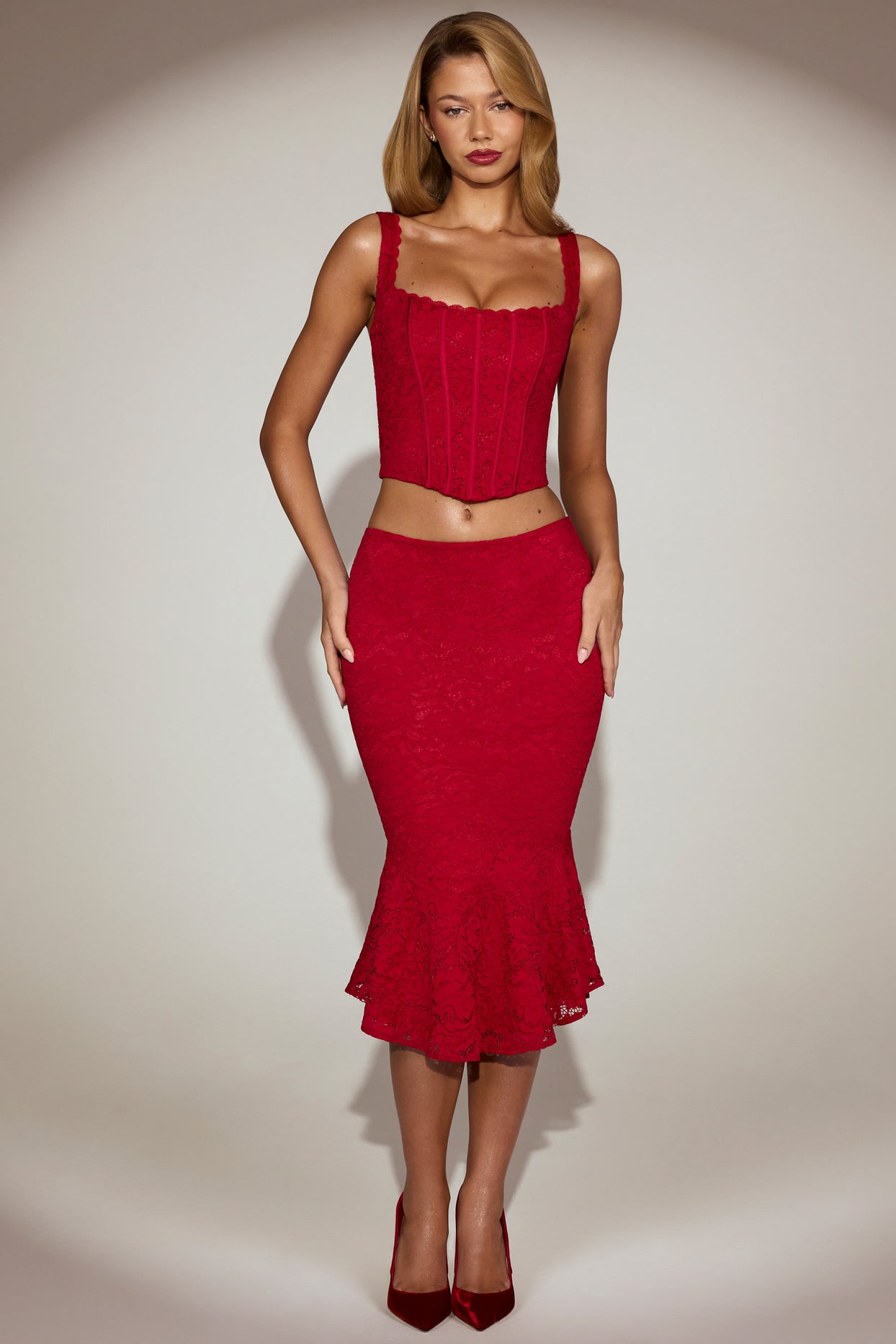 Lace Mid-Rise Fluted Midi Skirt in True Red - 1