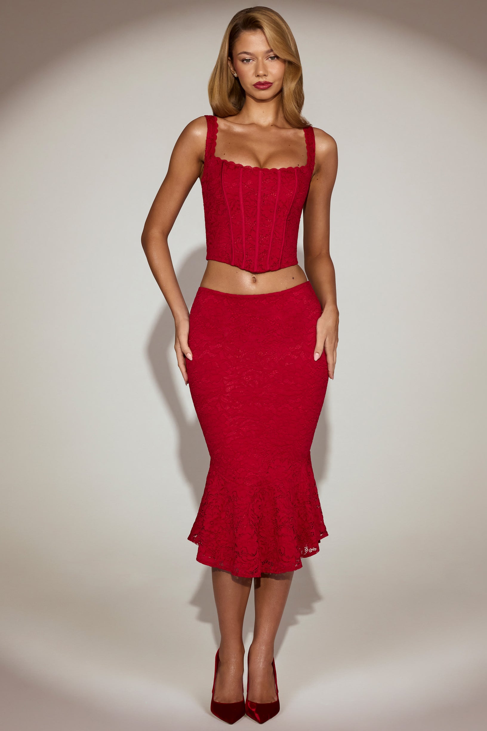 Lace Mid-Rise Fluted Midi Skirt in True Red - 1