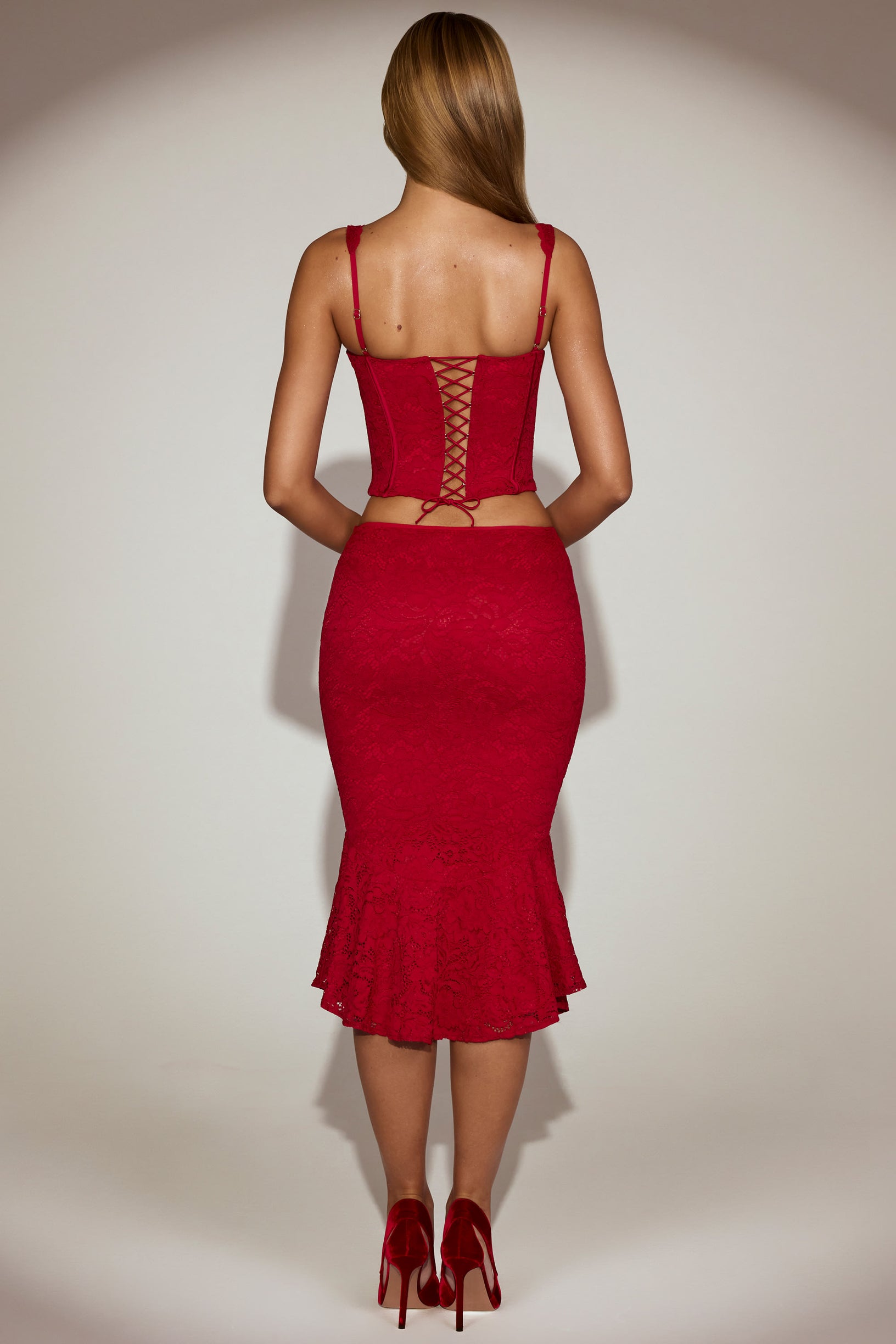 Lace Mid-Rise Fluted Midi Skirt in True Red - 2