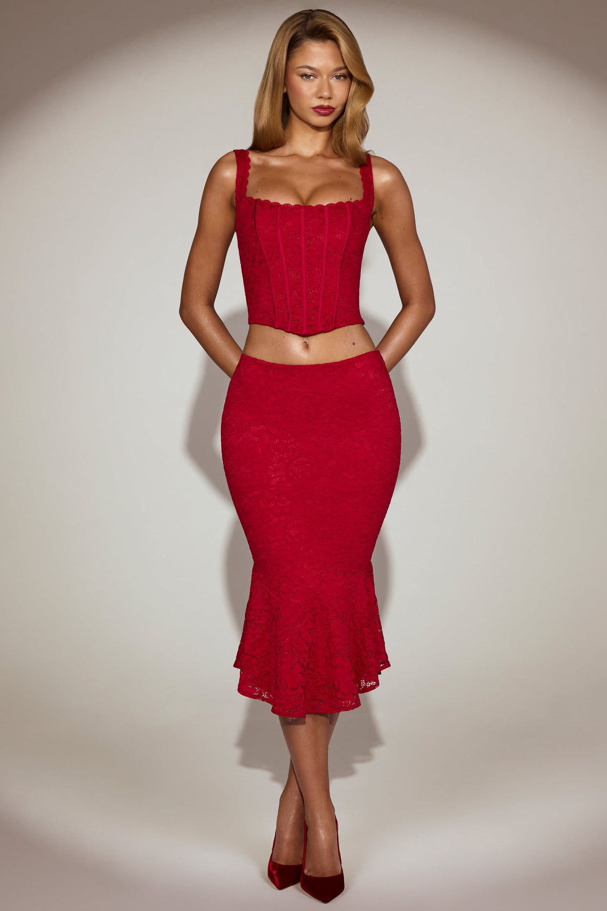 Lace Mid-Rise Fluted Midi Skirt in True Red - 4