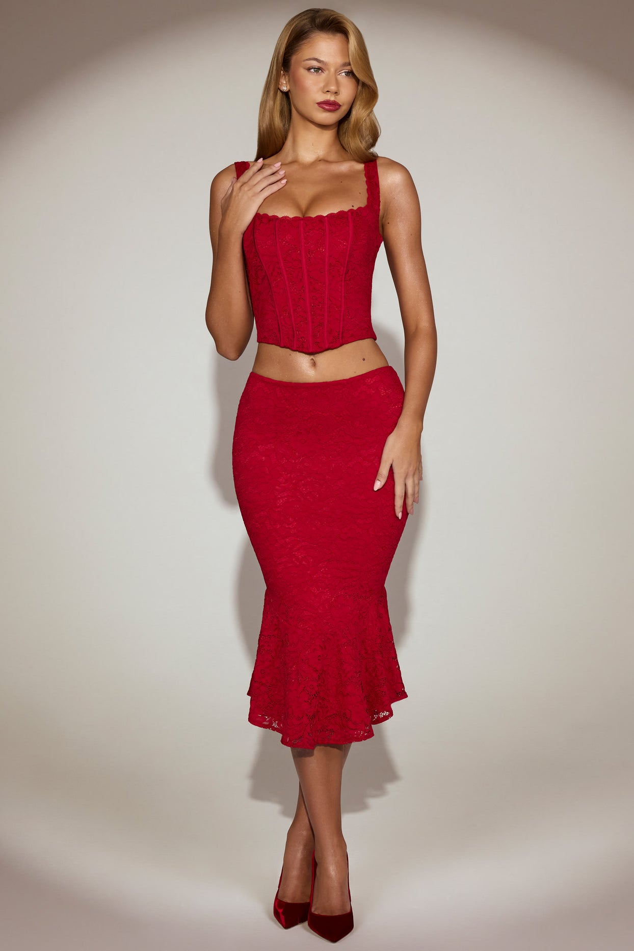 Lace Mid-Rise Fluted Midi Skirt in True Red - 6