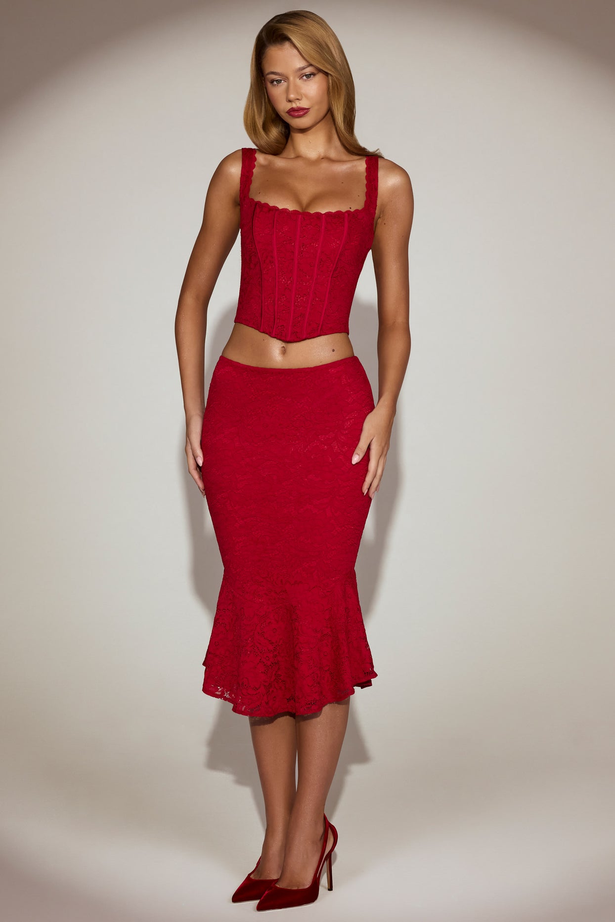 Lace Mid-Rise Fluted Midi Skirt in True Red - 7