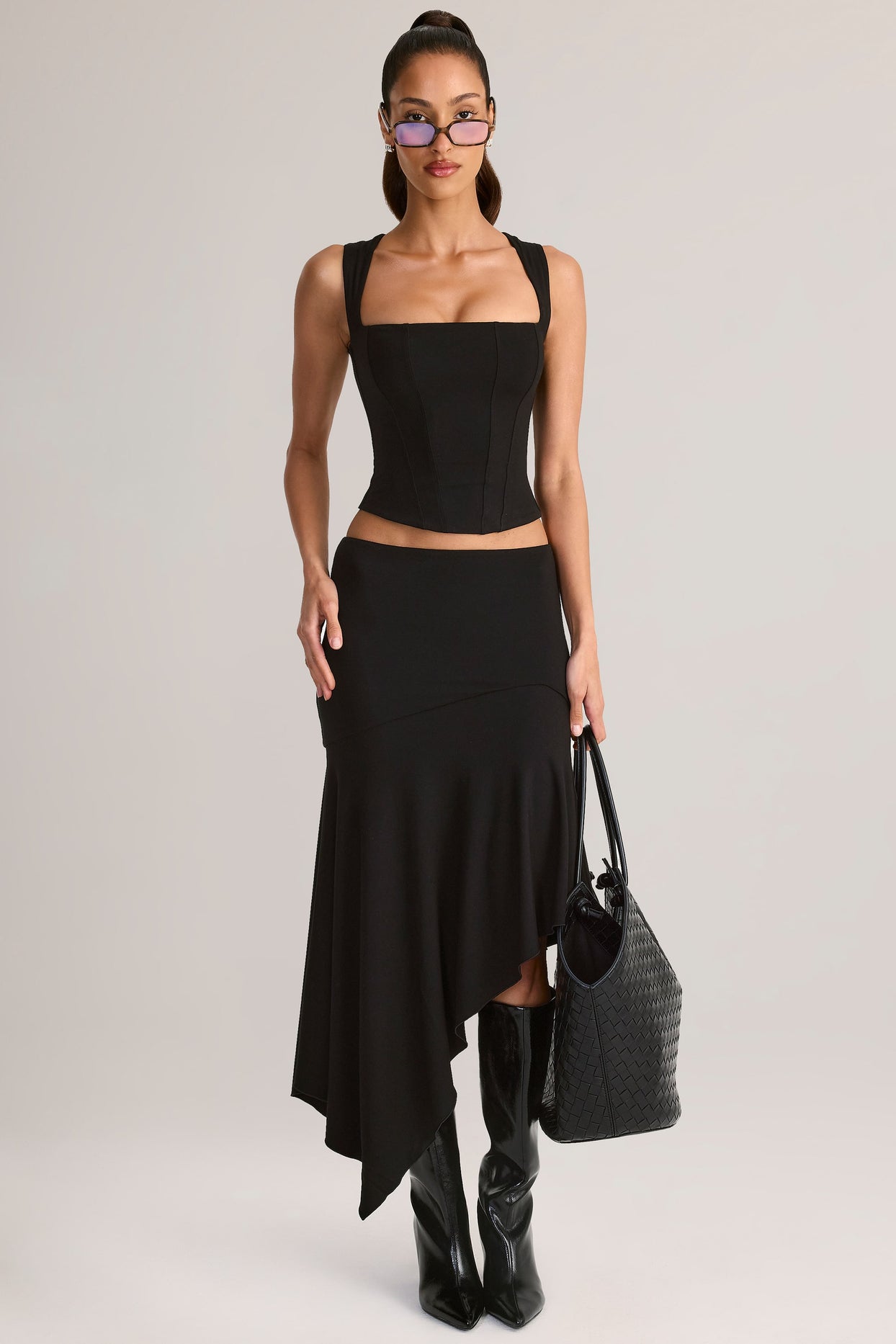 Modal Low-Rise Asymmetric Midaxi Skirt in Black - 7