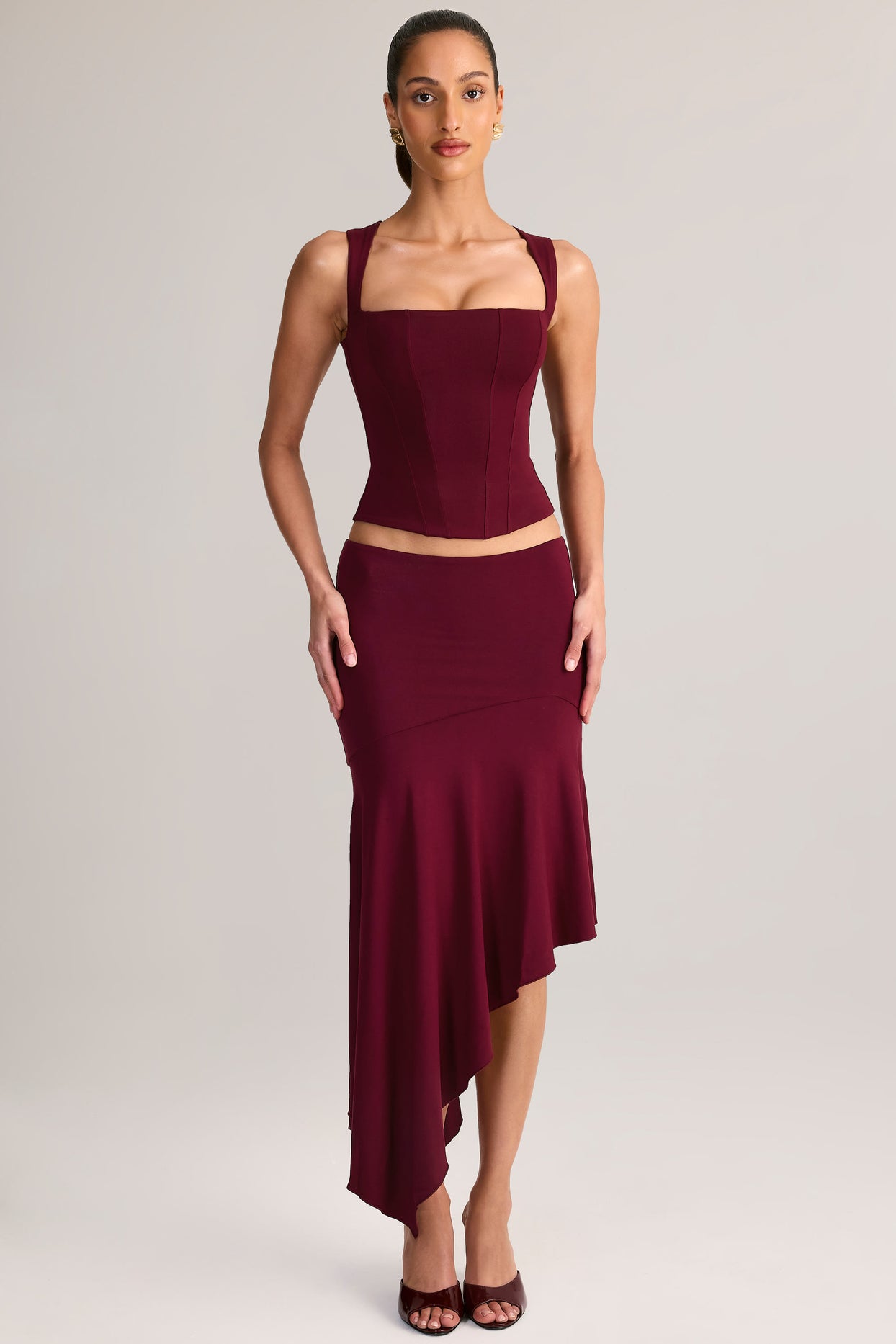 Modal Low-Rise Asymmetric Midaxi Skirt in Wine - 5