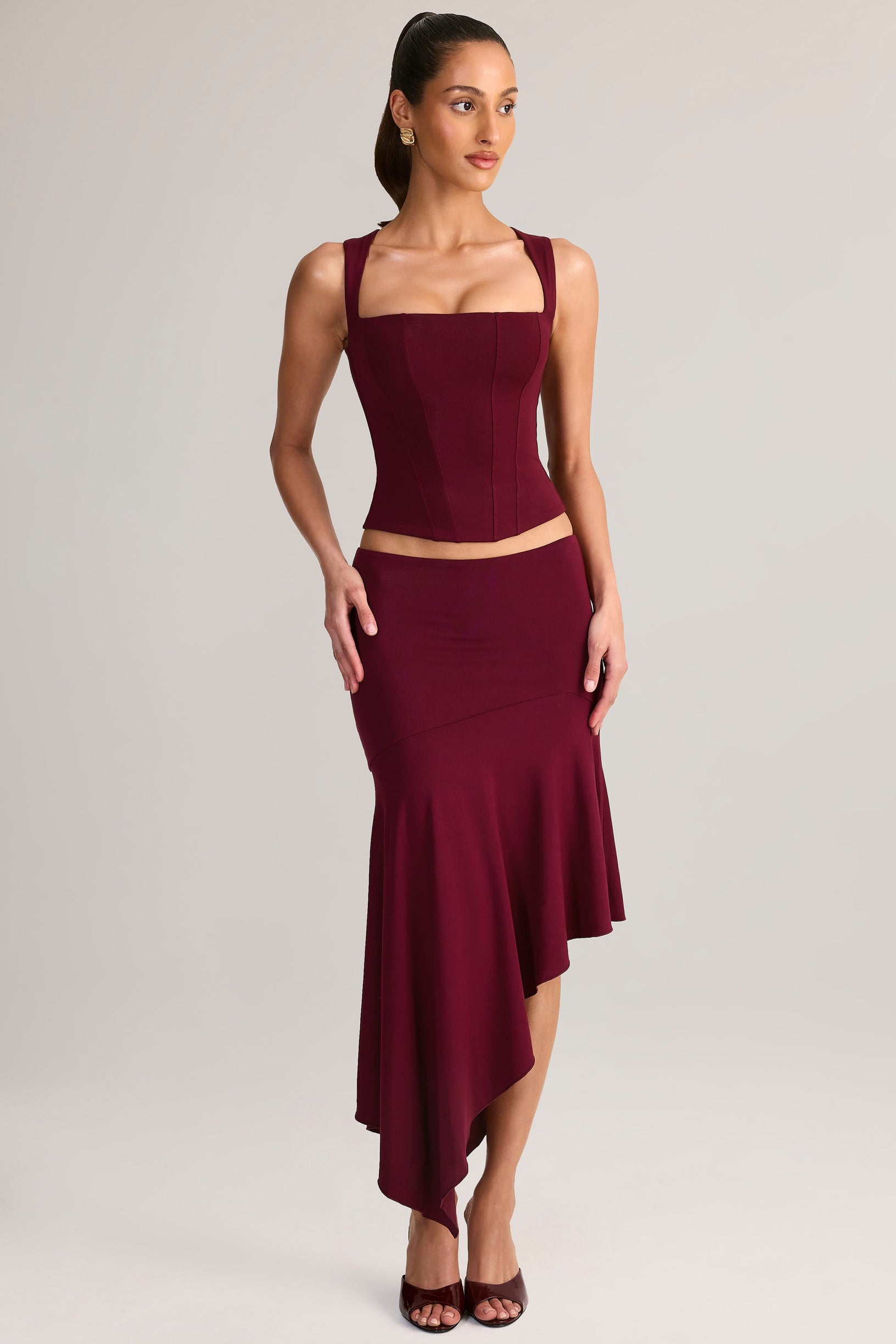Modal Low-Rise Asymmetric Midaxi Skirt in Wine - 1
