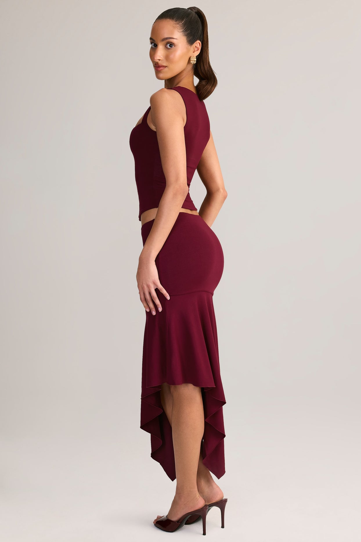 Modal Low-Rise Asymmetric Midaxi Skirt in Wine - 4