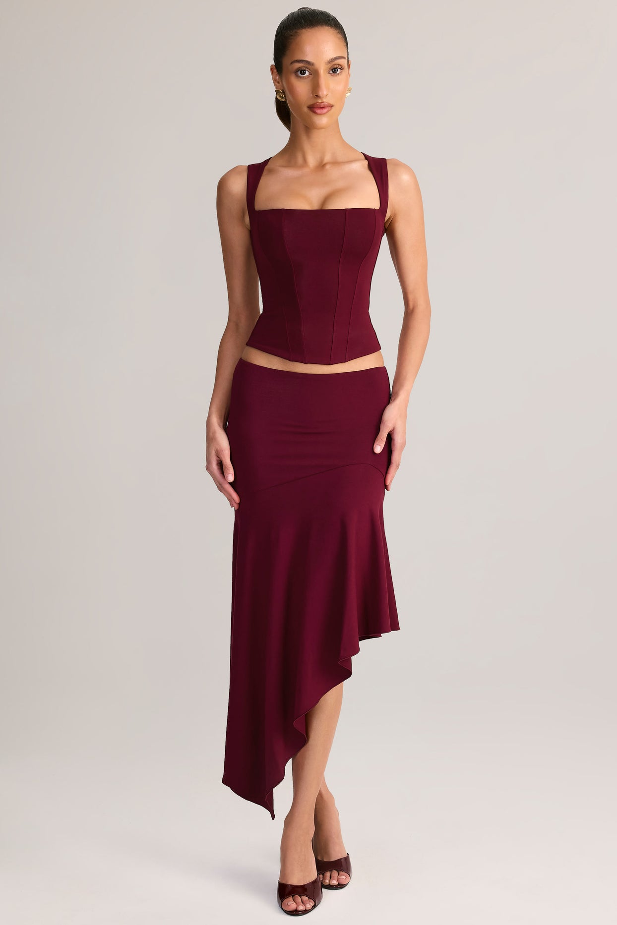 Modal Low-Rise Asymmetric Midaxi Skirt in Wine - 6