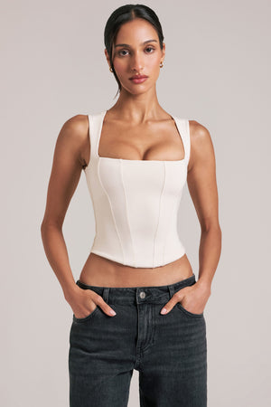 Oh Polly model Yasmin wearing the Vivee Tops in Ivory Modal fabric perfect for coffee catch-ups