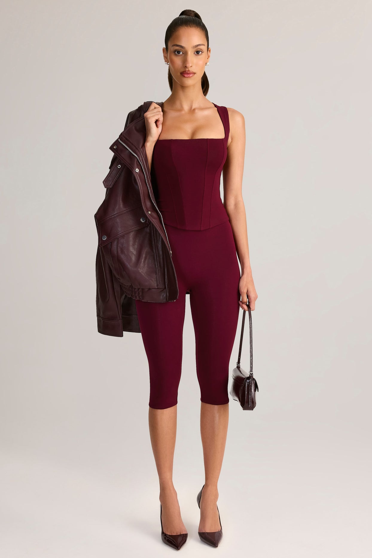 Modal Mid-Rise Capri Leggings in Wine - 1