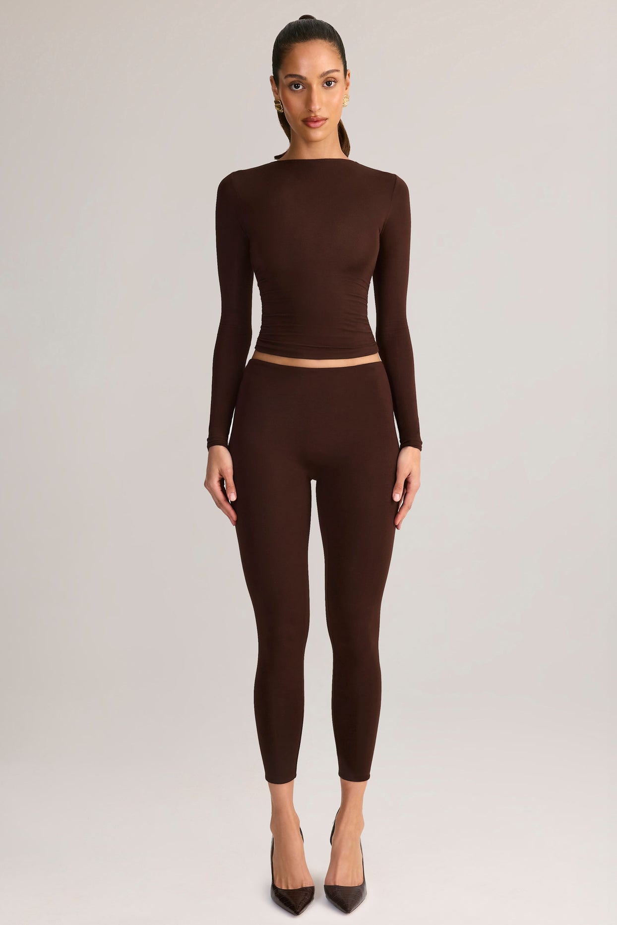 Modal Mid-Rise Cropped Leggings in Chocolate Brown - 6