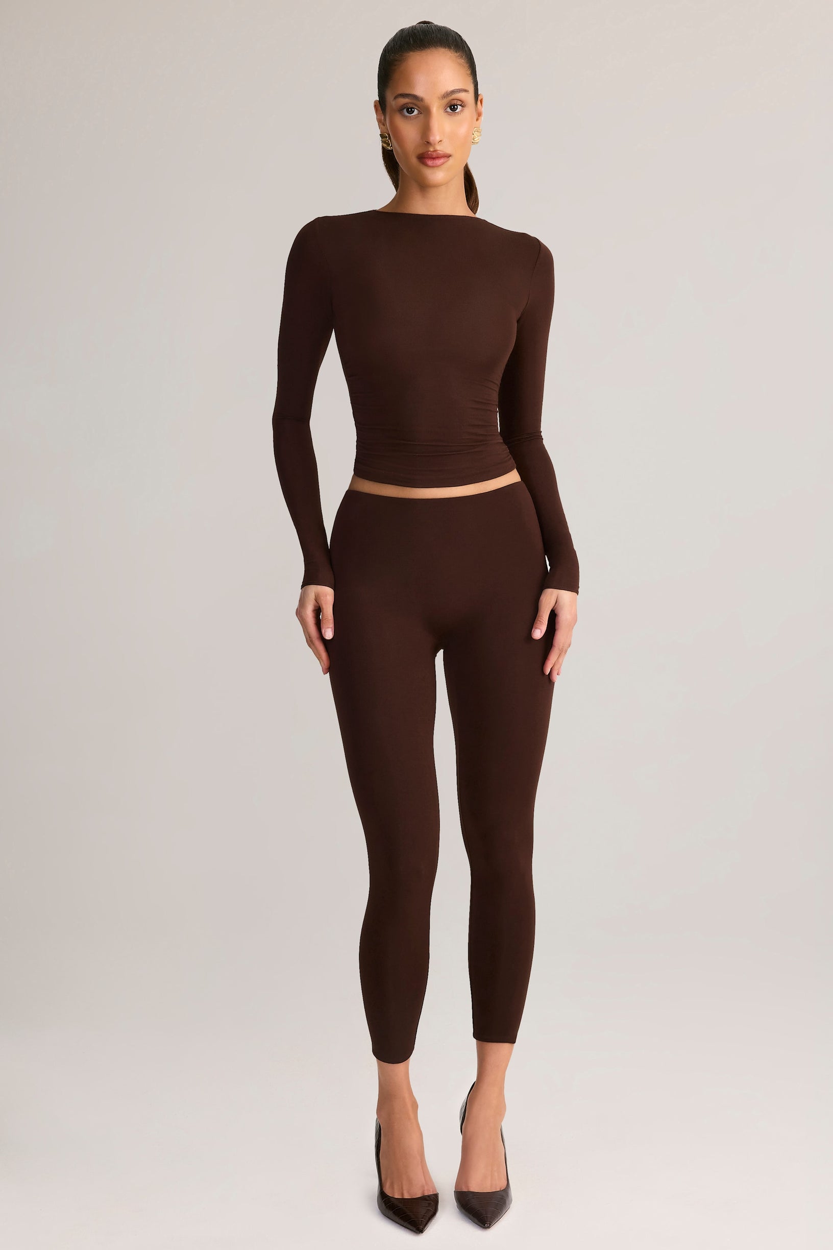 Modal Mid-Rise Cropped Leggings in Chocolate Brown - 1