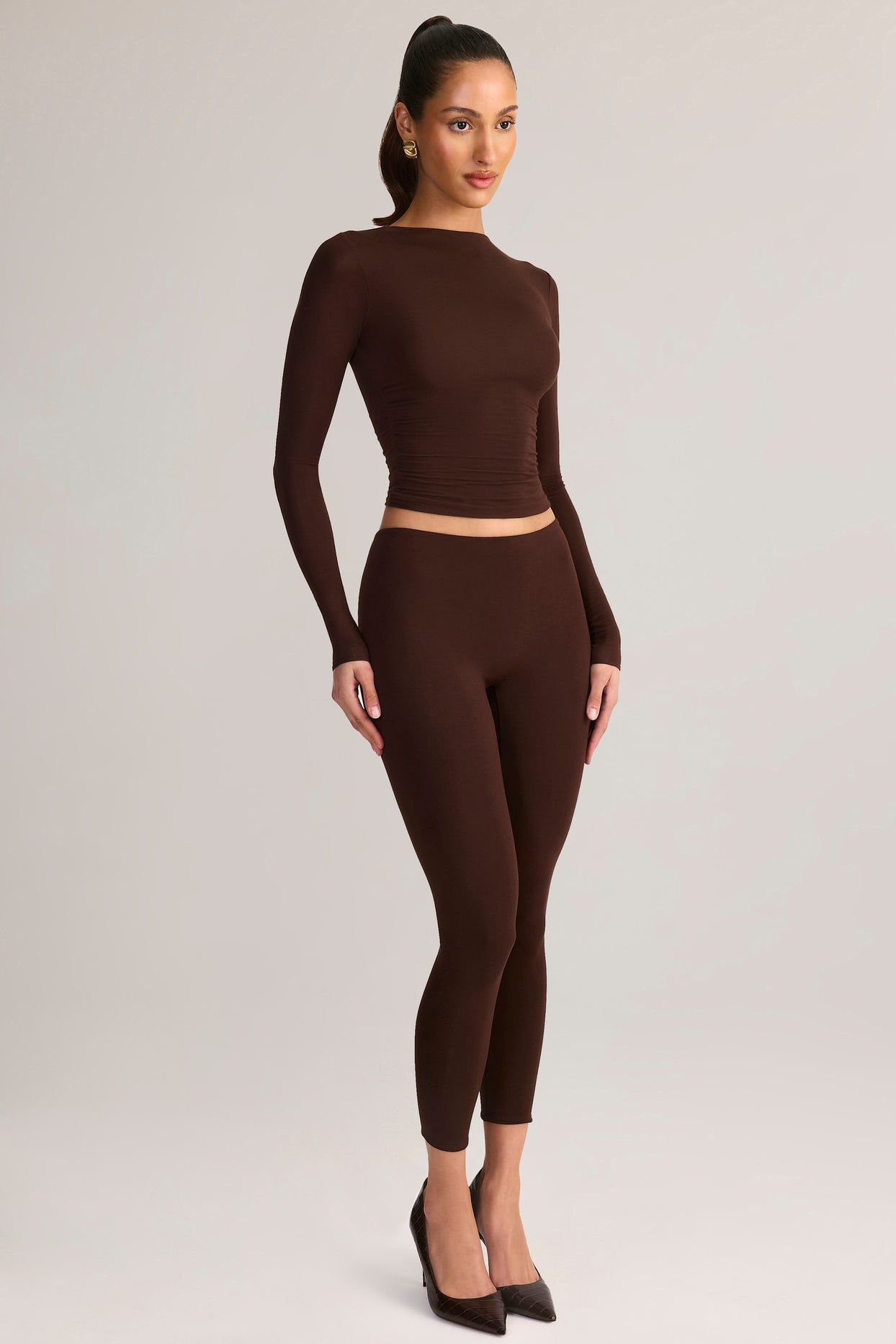 Modal Mid-Rise Cropped Leggings in Chocolate Brown - 4
