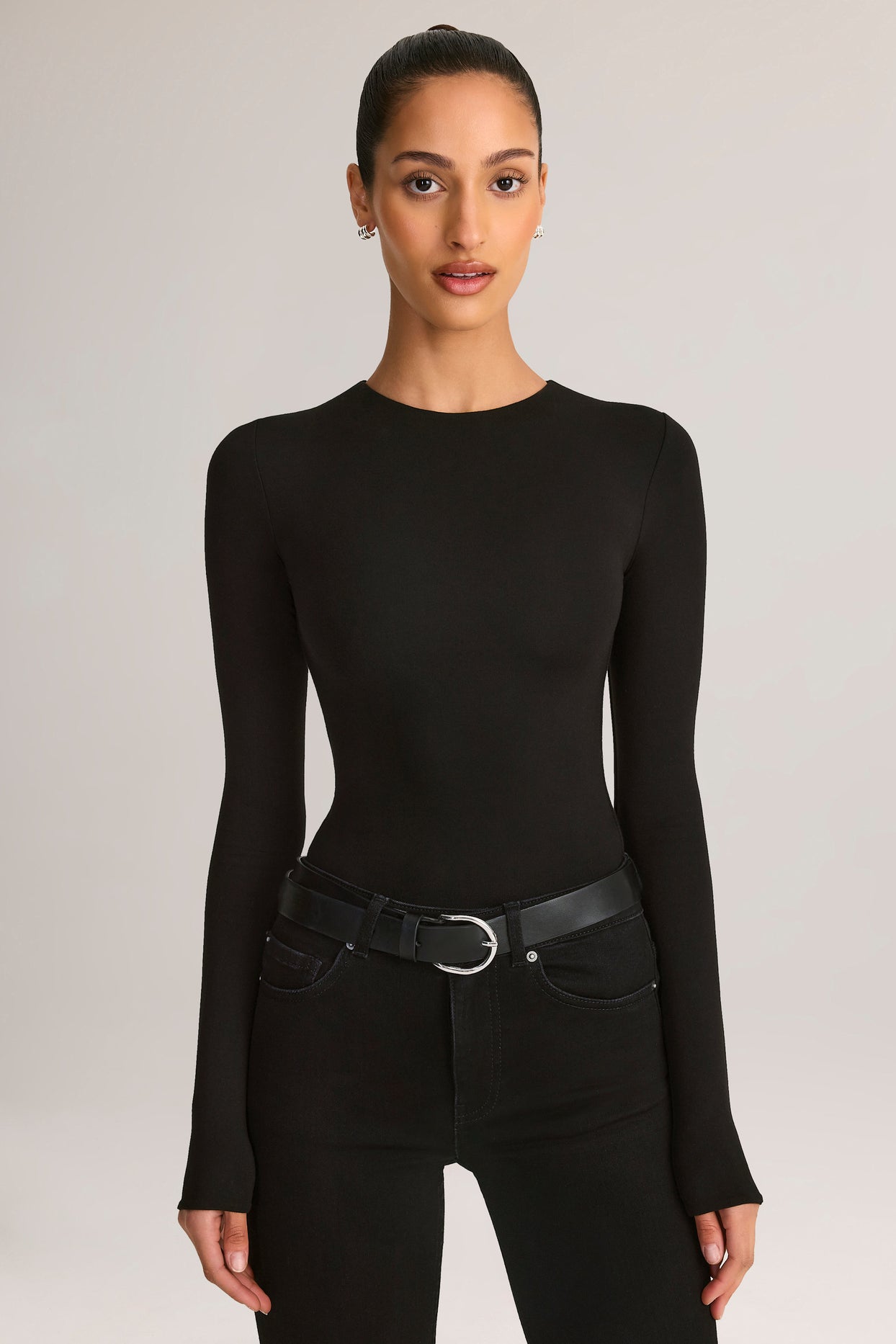 Modal Round-Neck Long-Sleeve Bodysuit in Black - 1