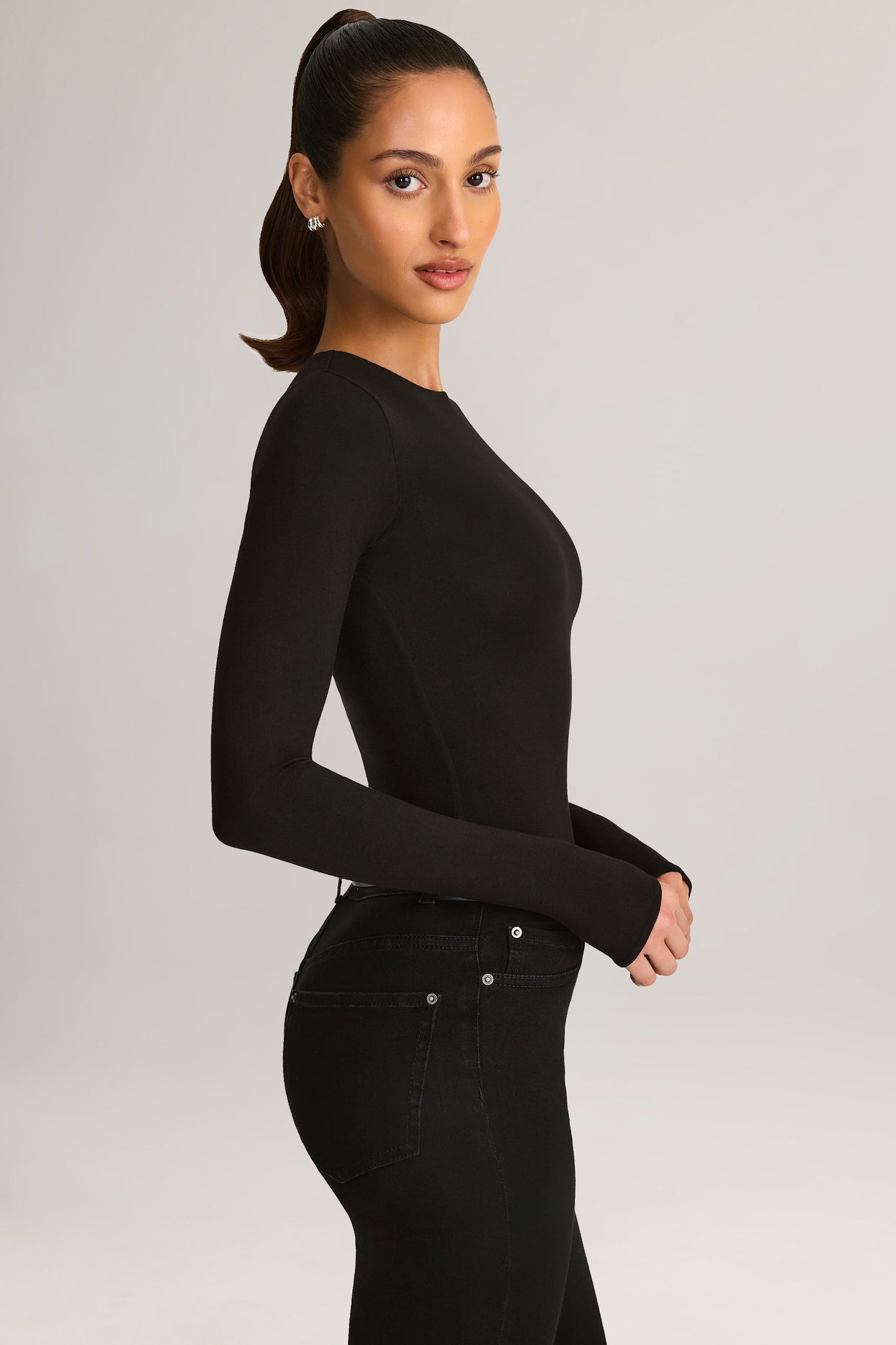 Modal Round-Neck Long-Sleeve Bodysuit in Black - 3