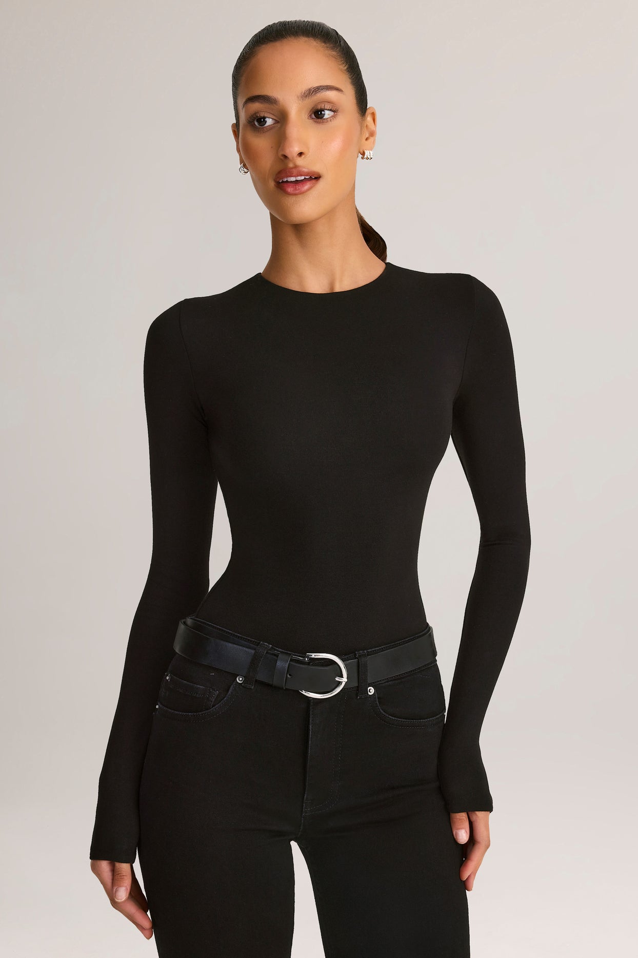 Modal Round-Neck Long-Sleeve Bodysuit in Black - 4