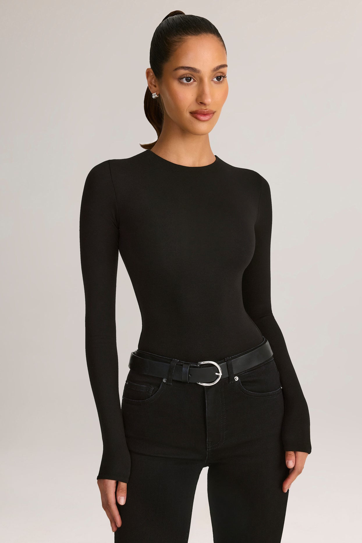 Modal Round-Neck Long-Sleeve Bodysuit in Black - 5