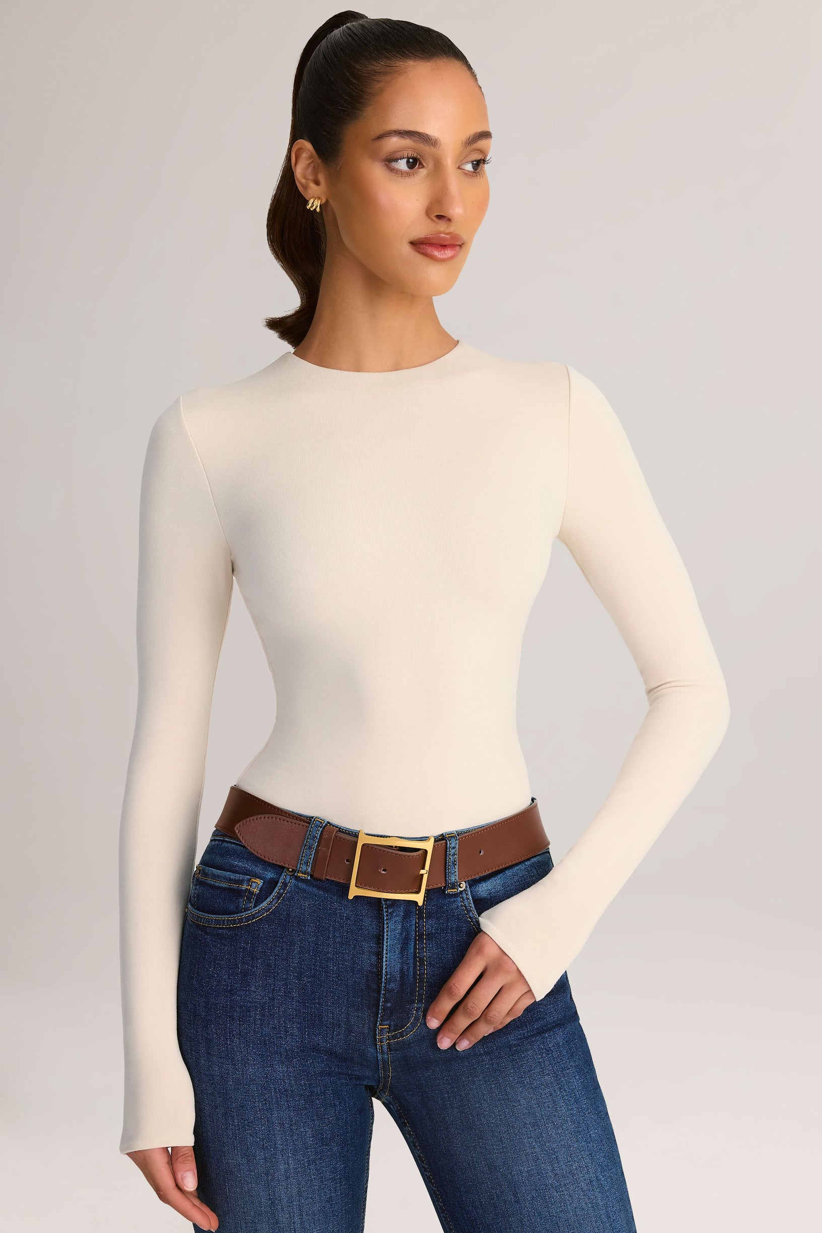 Modal Round-Neck Long-Sleeve Bodysuit in Cream - 1