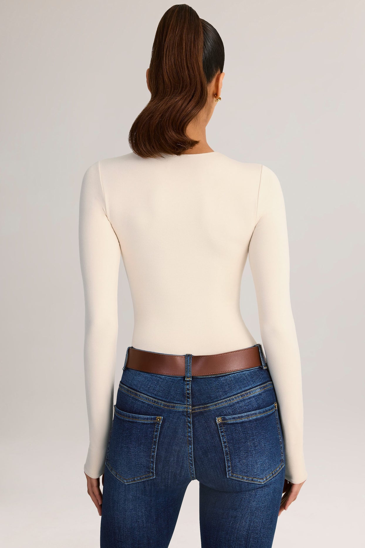 Modal Round-Neck Long-Sleeve Bodysuit in Cream - 2