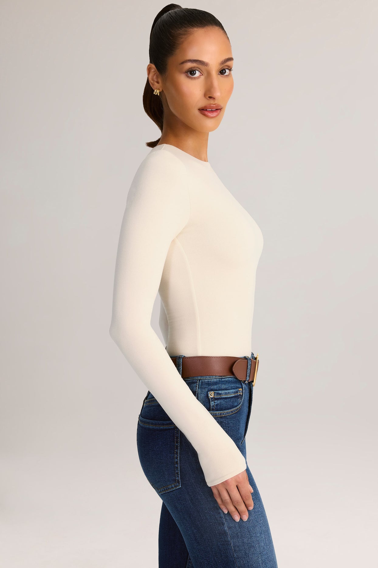 Modal Round-Neck Long-Sleeve Bodysuit in Cream - 3
