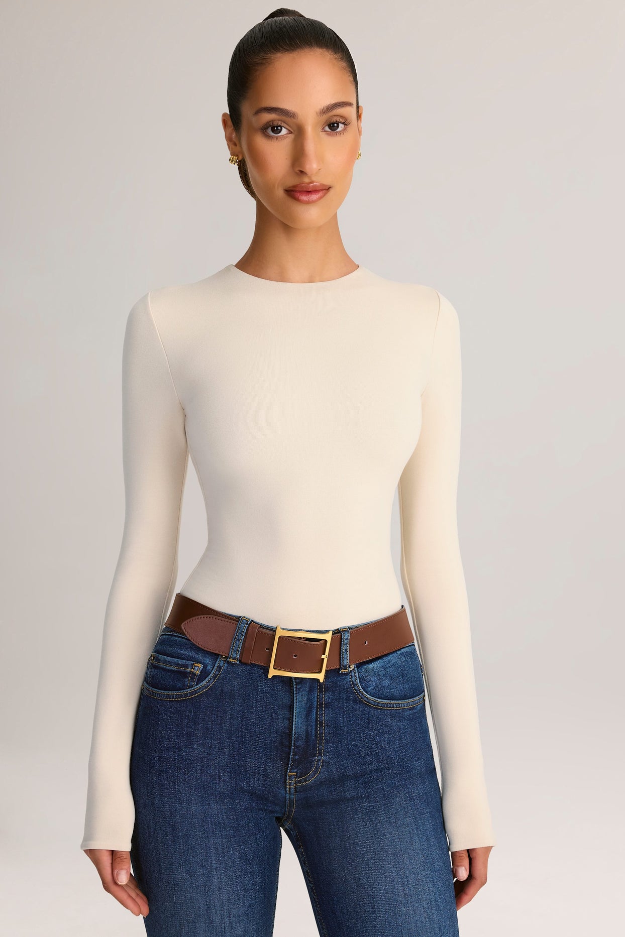 Modal Round-Neck Long-Sleeve Bodysuit in Cream - 4