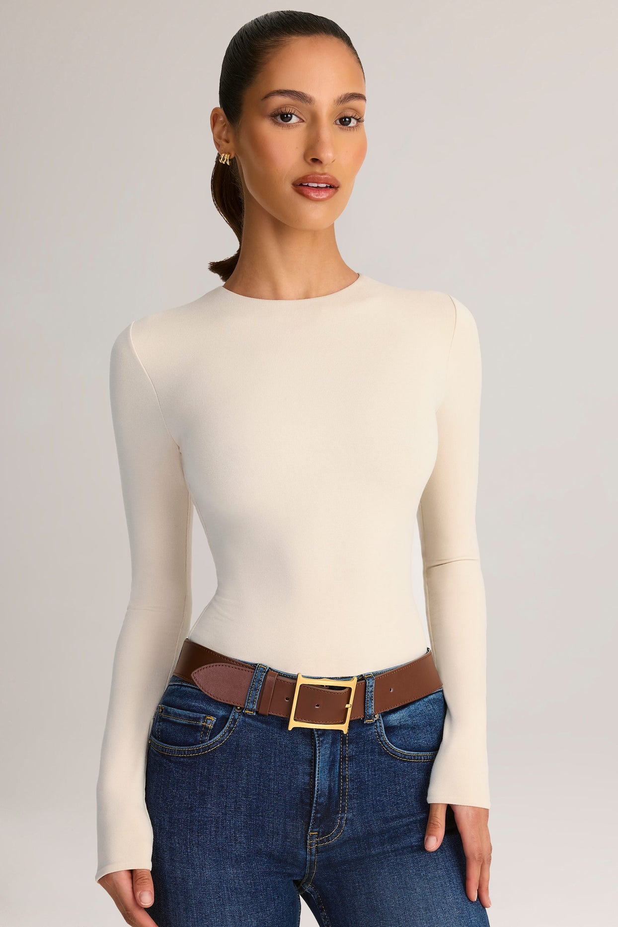 Modal Round-Neck Long-Sleeve Bodysuit in Cream - 5