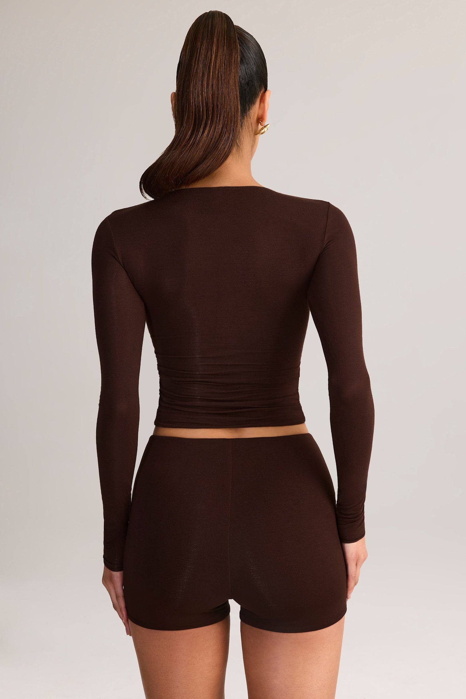 Modal High-Rise Bodycon Mini Shorts in Chocolate Brown - 2