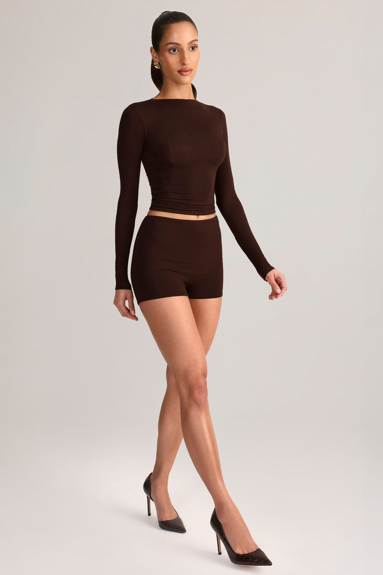 Modal High-Rise Bodycon Mini Shorts in Chocolate Brown - 5