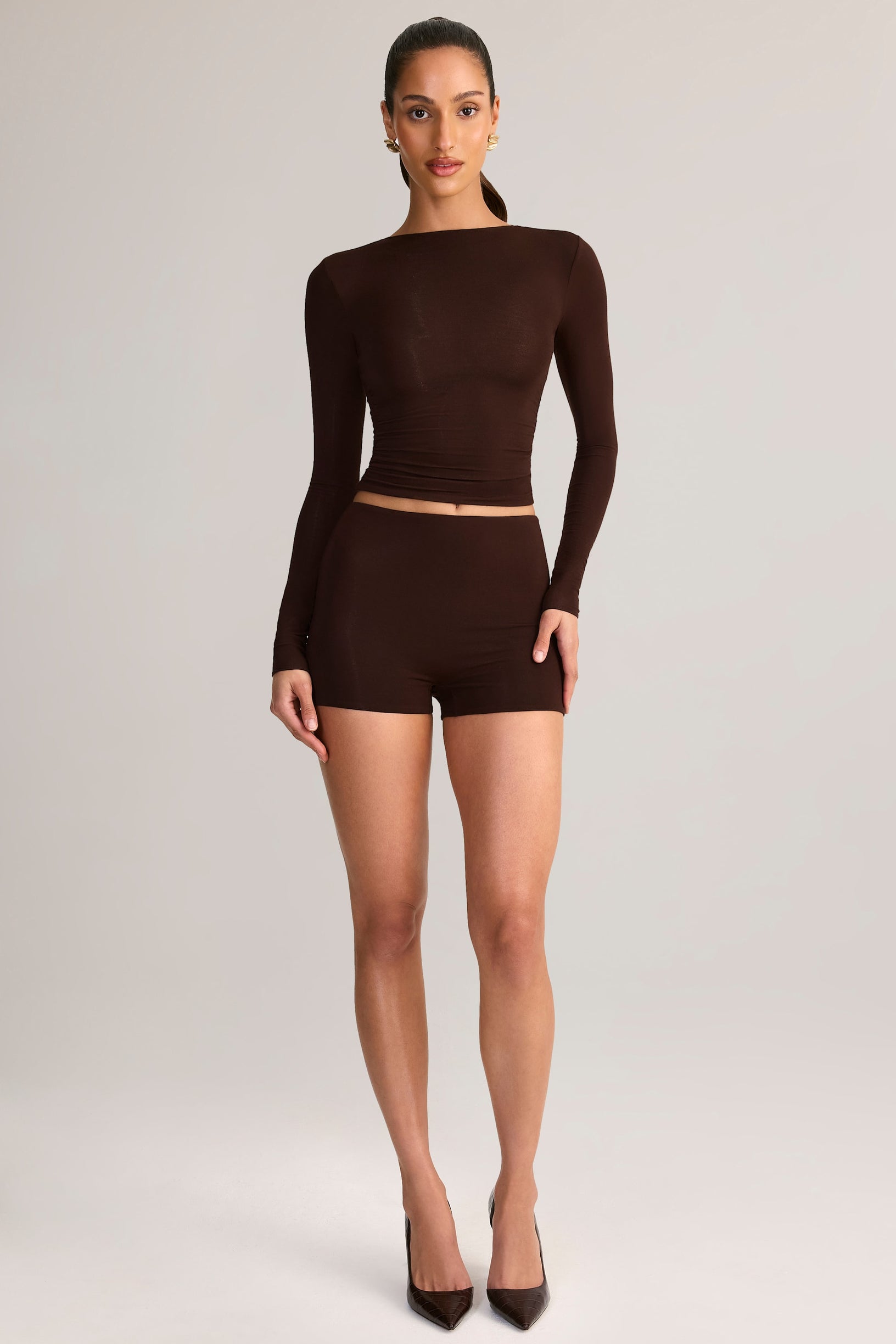 Modal High-Rise Bodycon Mini Shorts in Chocolate Brown - 1