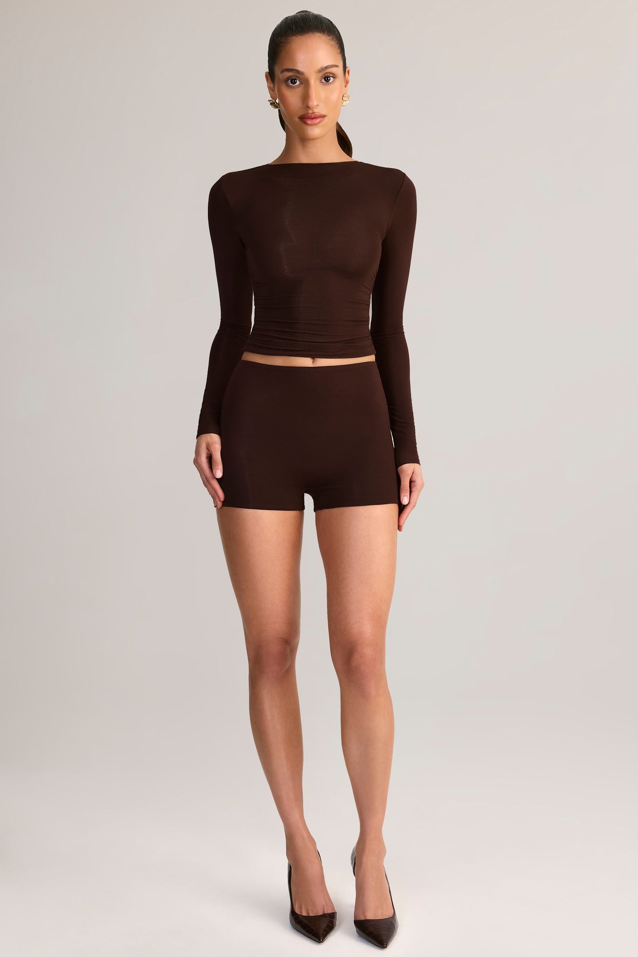 Modal High-Rise Bodycon Mini Shorts in Chocolate Brown - 6
