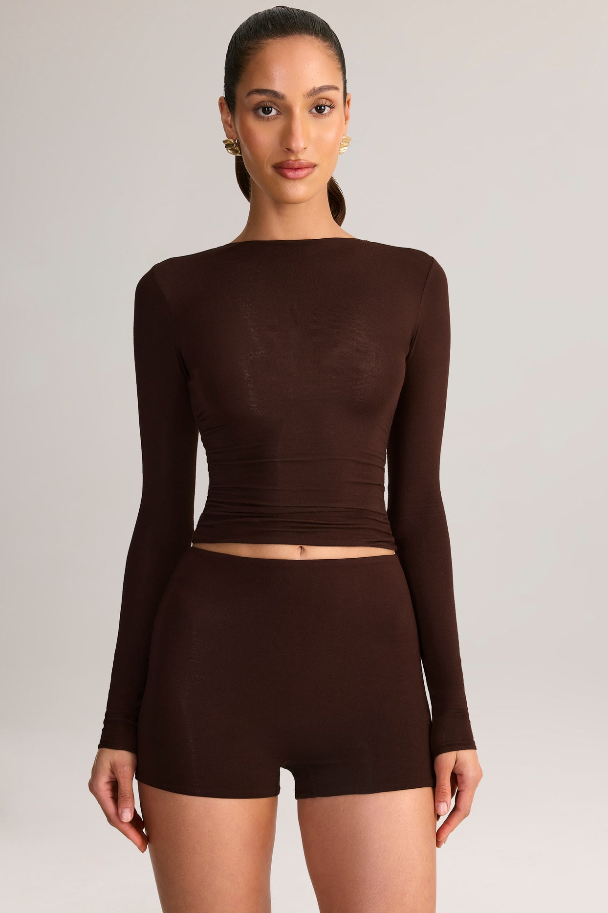 Modal High-Rise Bodycon Mini Shorts in Chocolate Brown - 4
