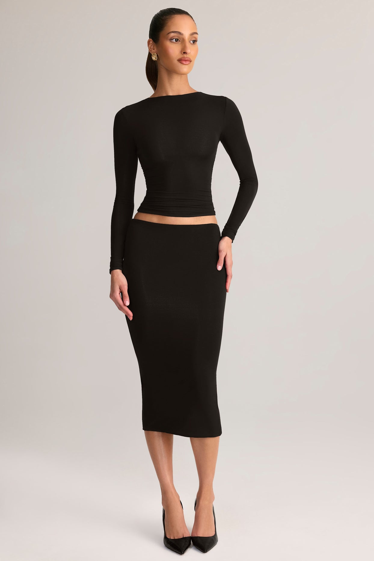 Modal Mid-Rise Pencil Midi Skirt in Black - 5