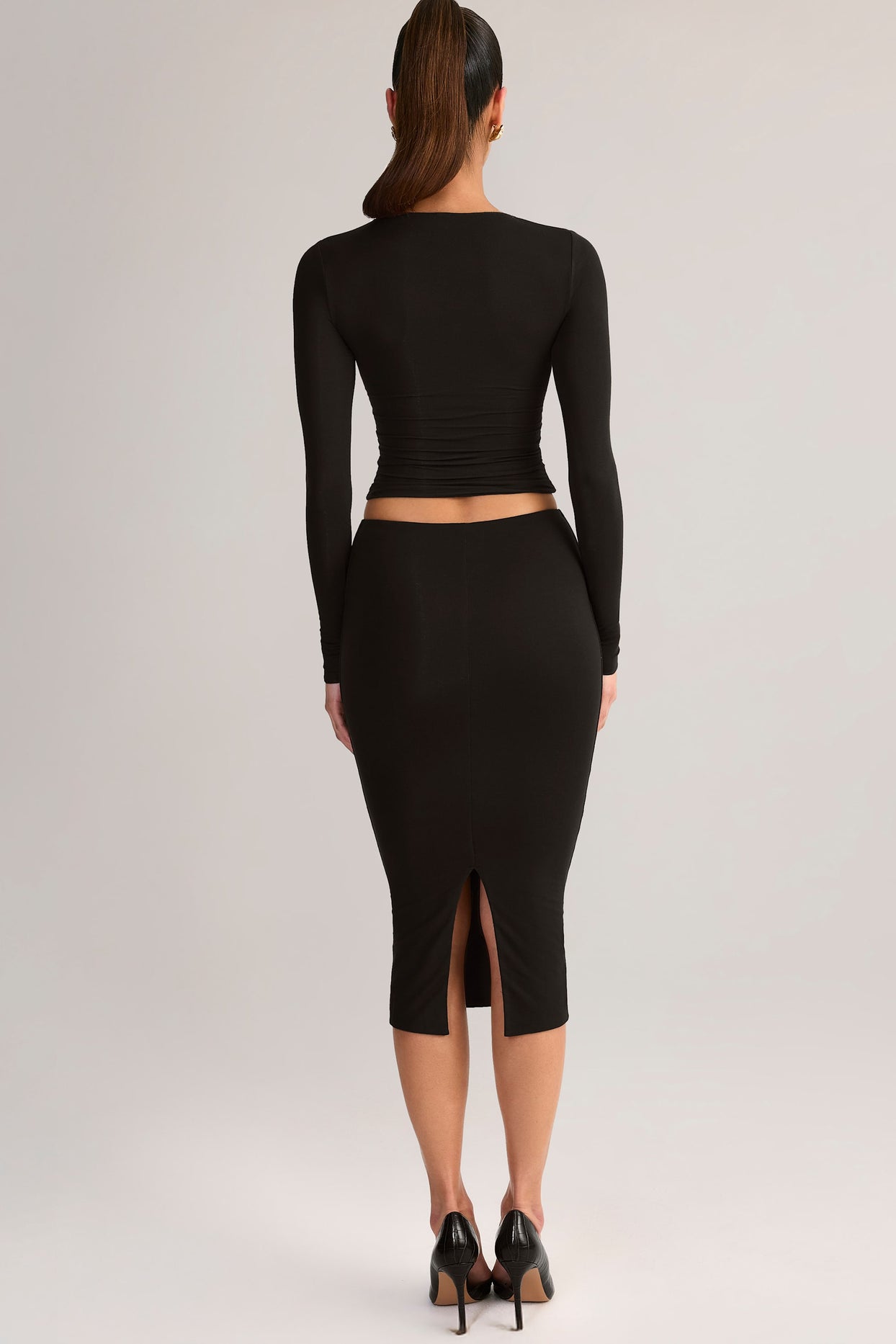 Modal Mid-Rise Pencil Midi Skirt in Black - 2