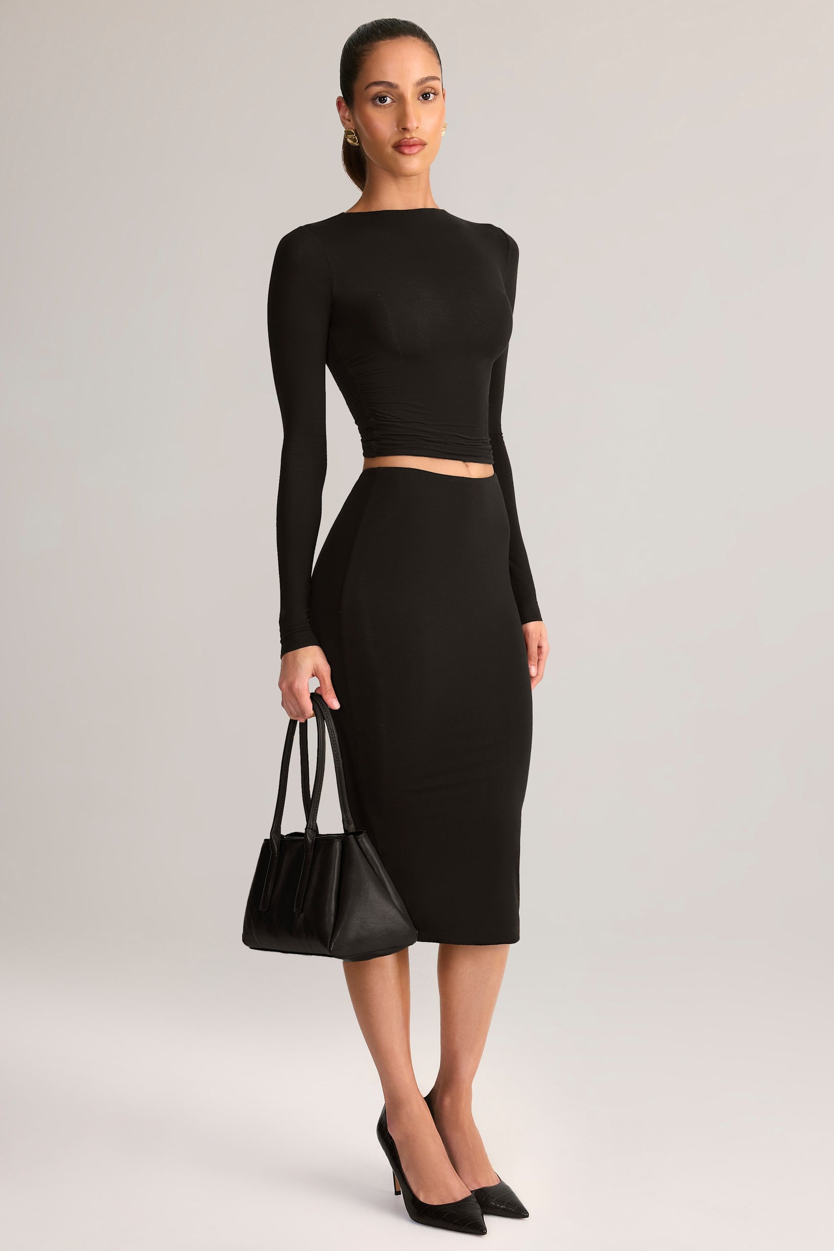 Modal Mid-Rise Pencil Midi Skirt in Black - 1