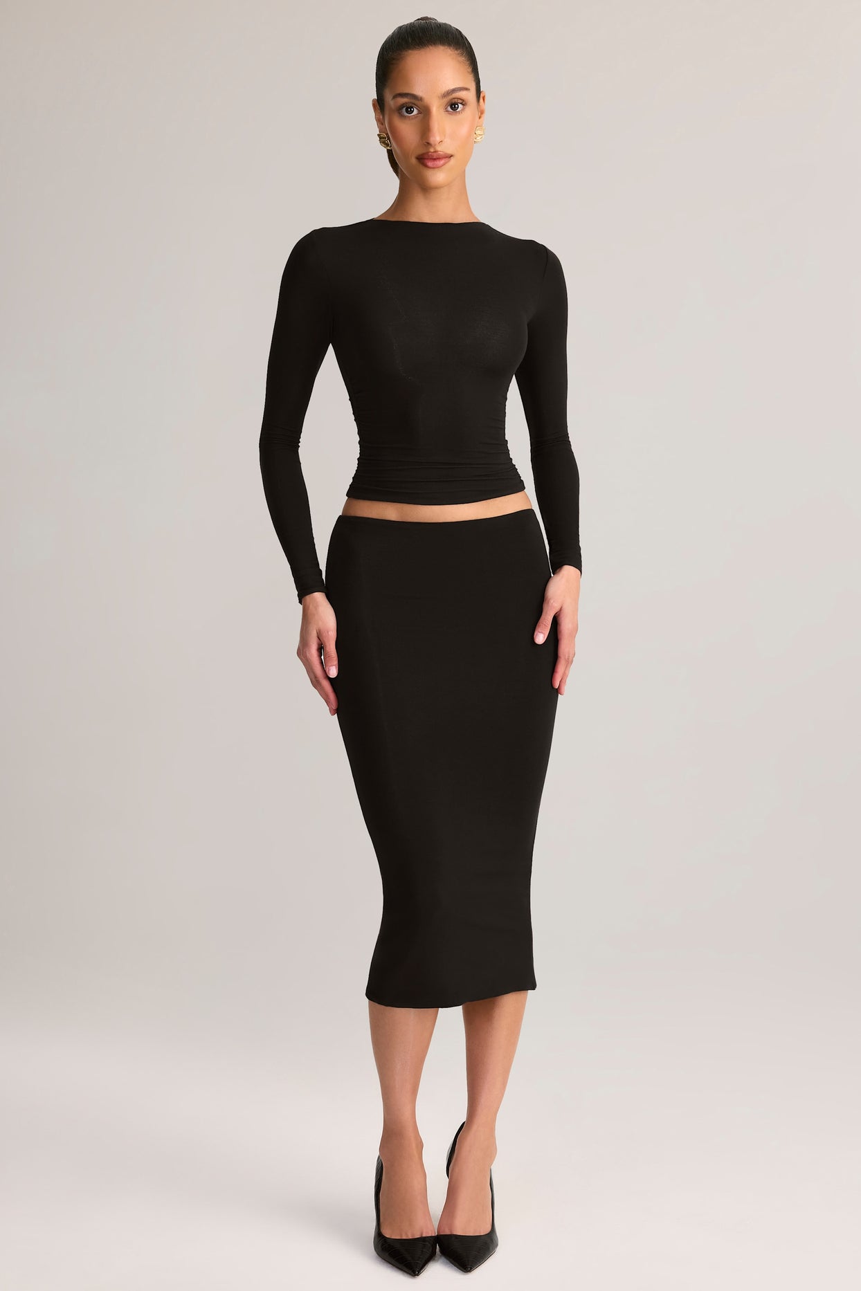 Modal Mid-Rise Pencil Midi Skirt in Black - 4