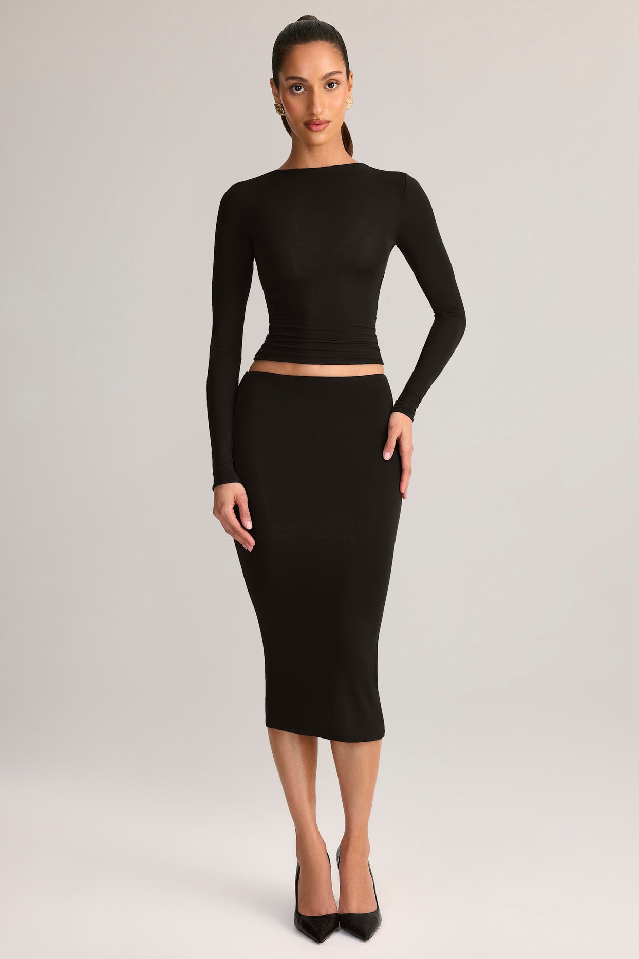 Modal Mid-Rise Pencil Midi Skirt in Black - 6