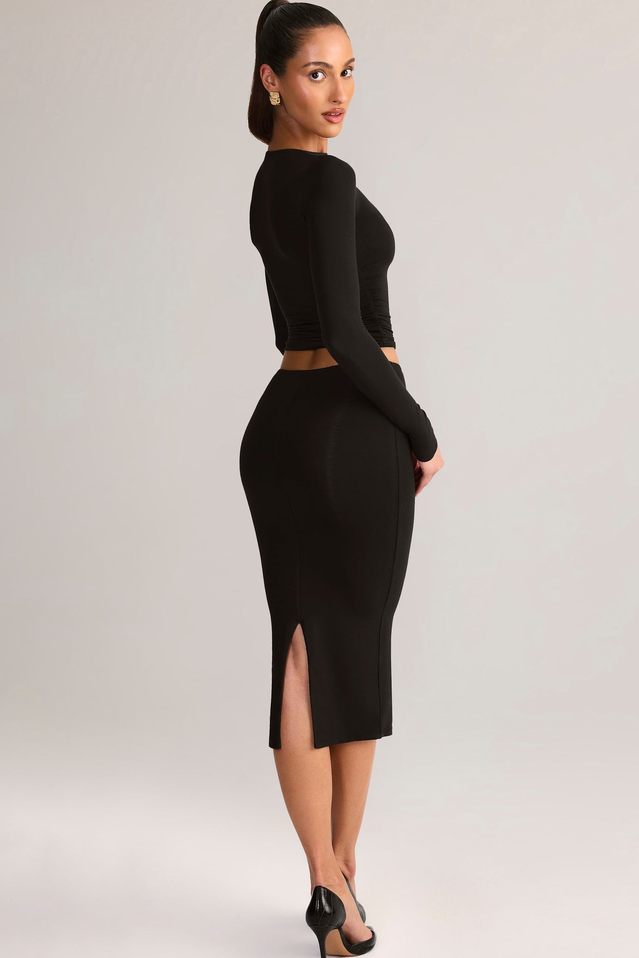 Modal Mid-Rise Pencil Midi Skirt in Black - 7